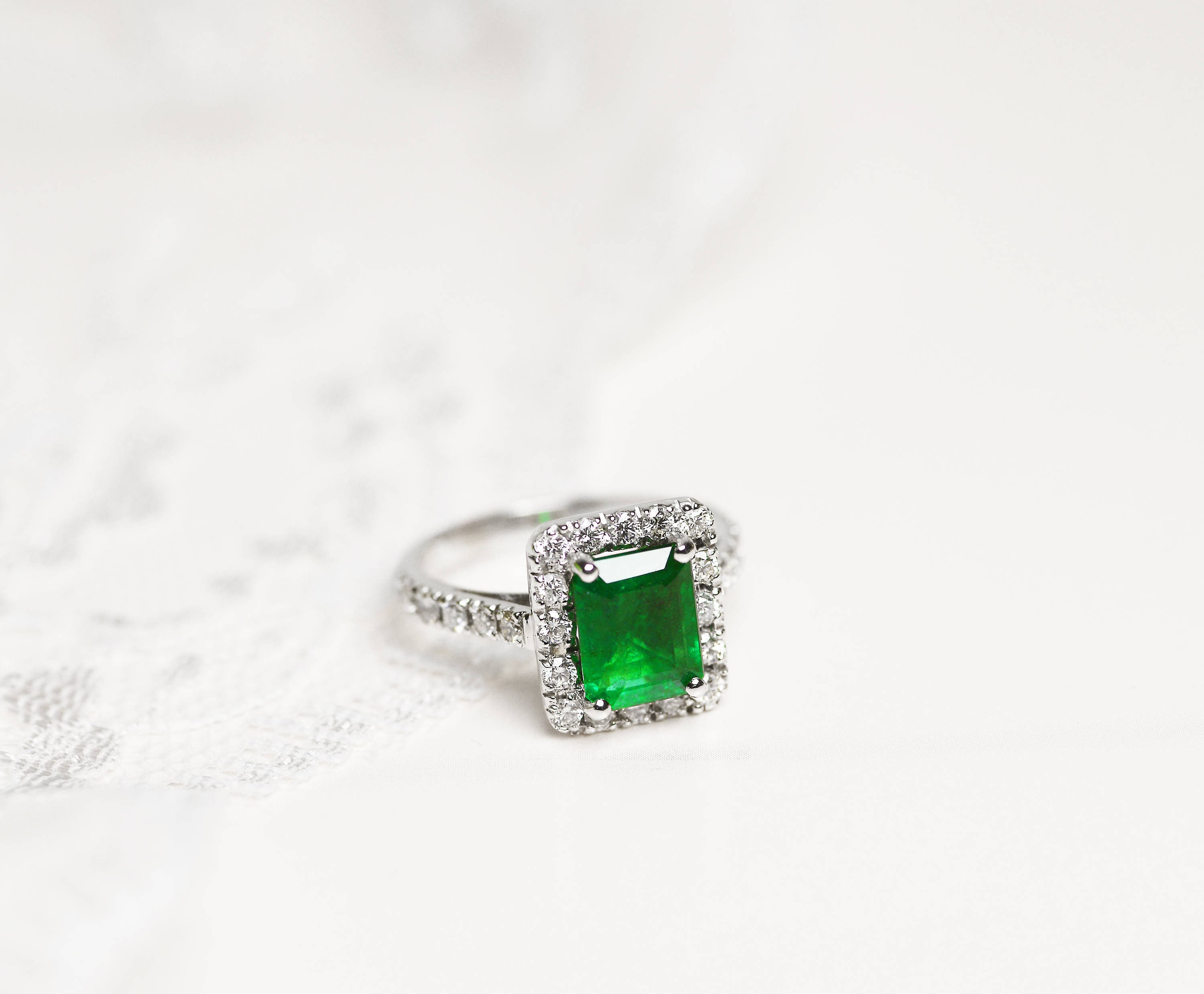 Emerald Engagement Ring - Ring-Emerald & Diamond Ring-Platinum Gold Ring-Handmade To Order