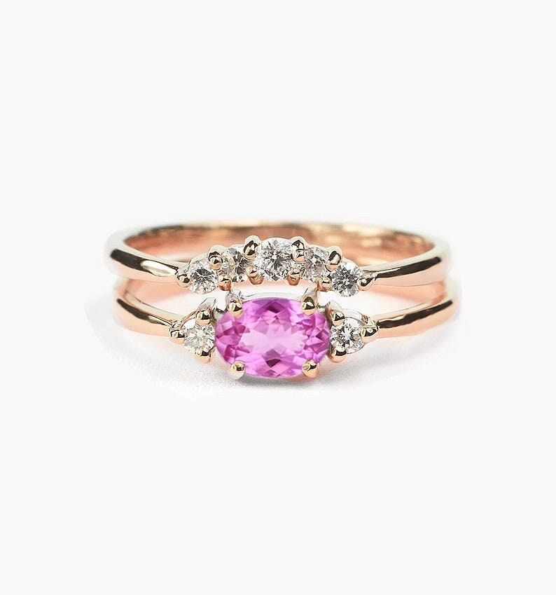 Light Pink Sapphire Engagement Ring & Alternative Diamond Wedding Band | Oval Rose Gold Curved