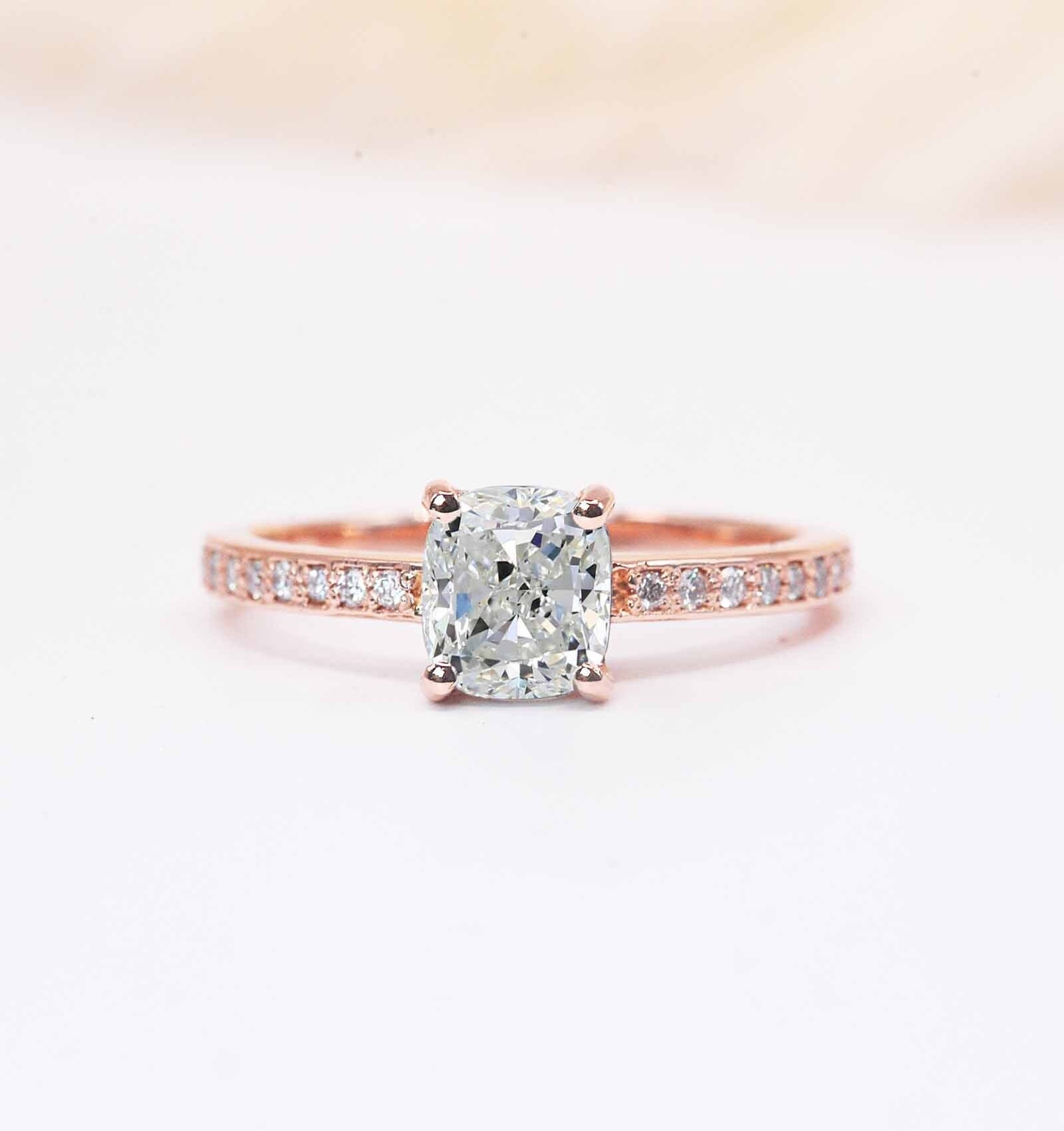 Cushion Cut Lab Grown Diamond Art Deco Ring | 6mm Created Engagement Stylish Dainty White Anniversary