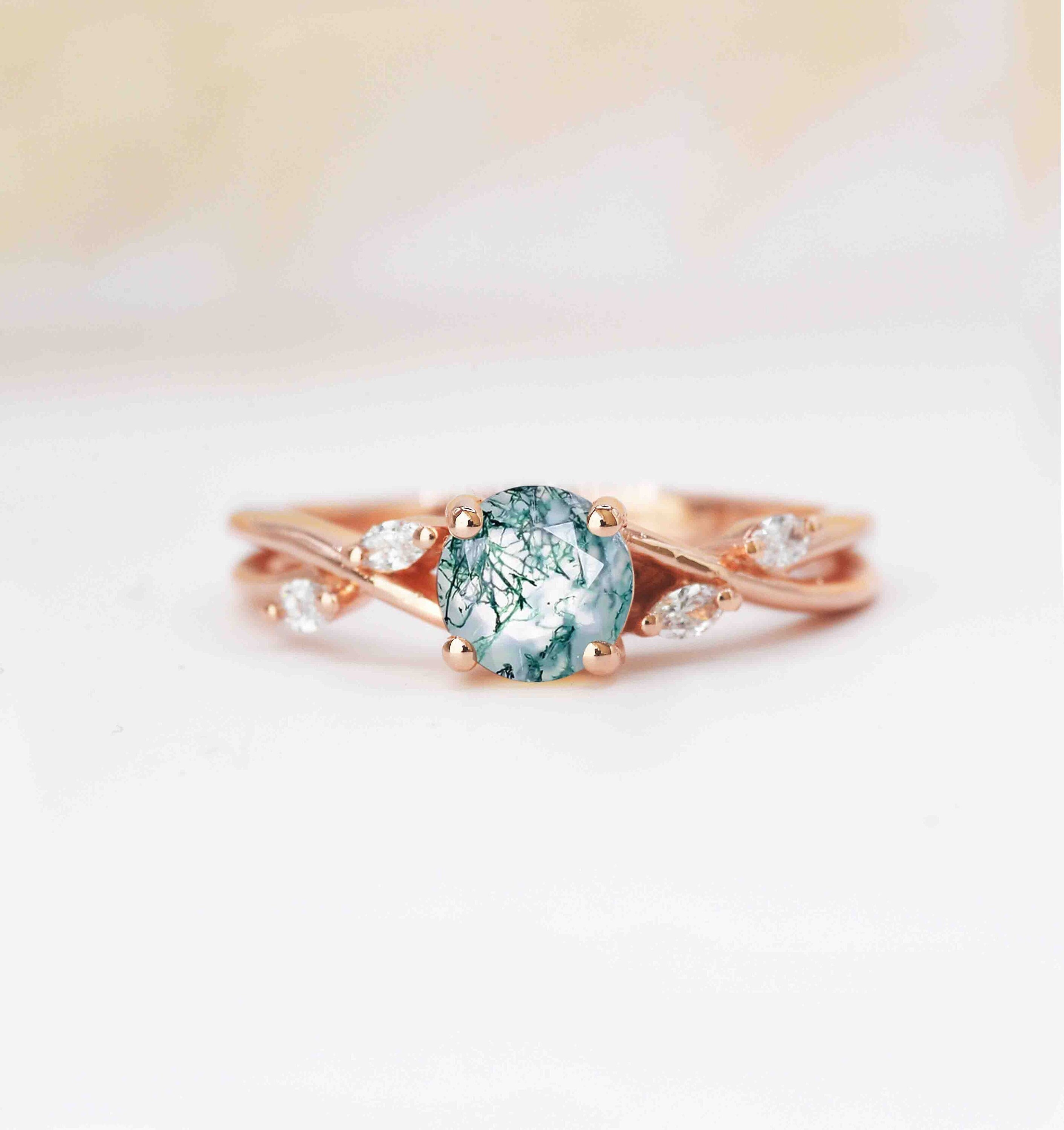 Natural Moss Agate & Diamond Art Deco Ring | Stylish Handmade 9K/14K/18K Rose, Yellow, White Gold For Love