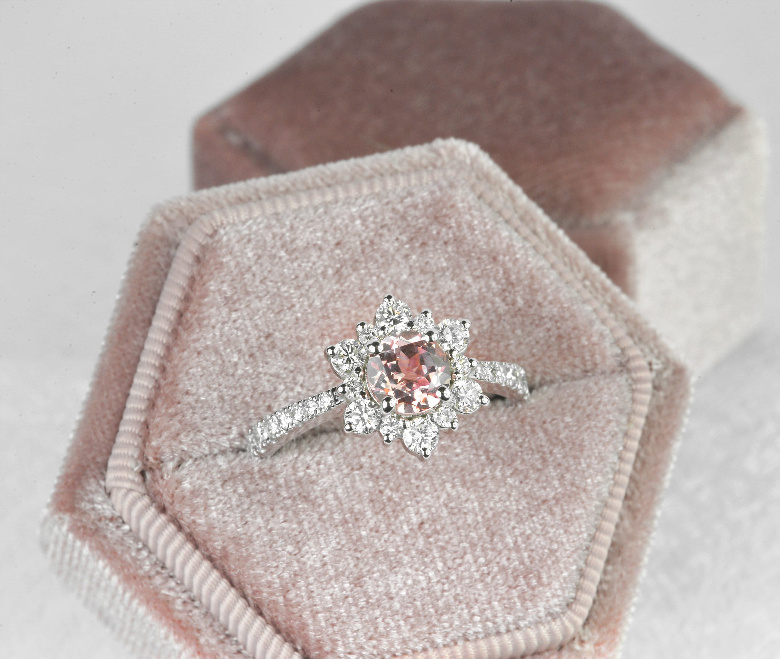 Peach Sapphire Ring. 1.25Ct Pink Engagement White Gold Halo Ring Unique Bridle