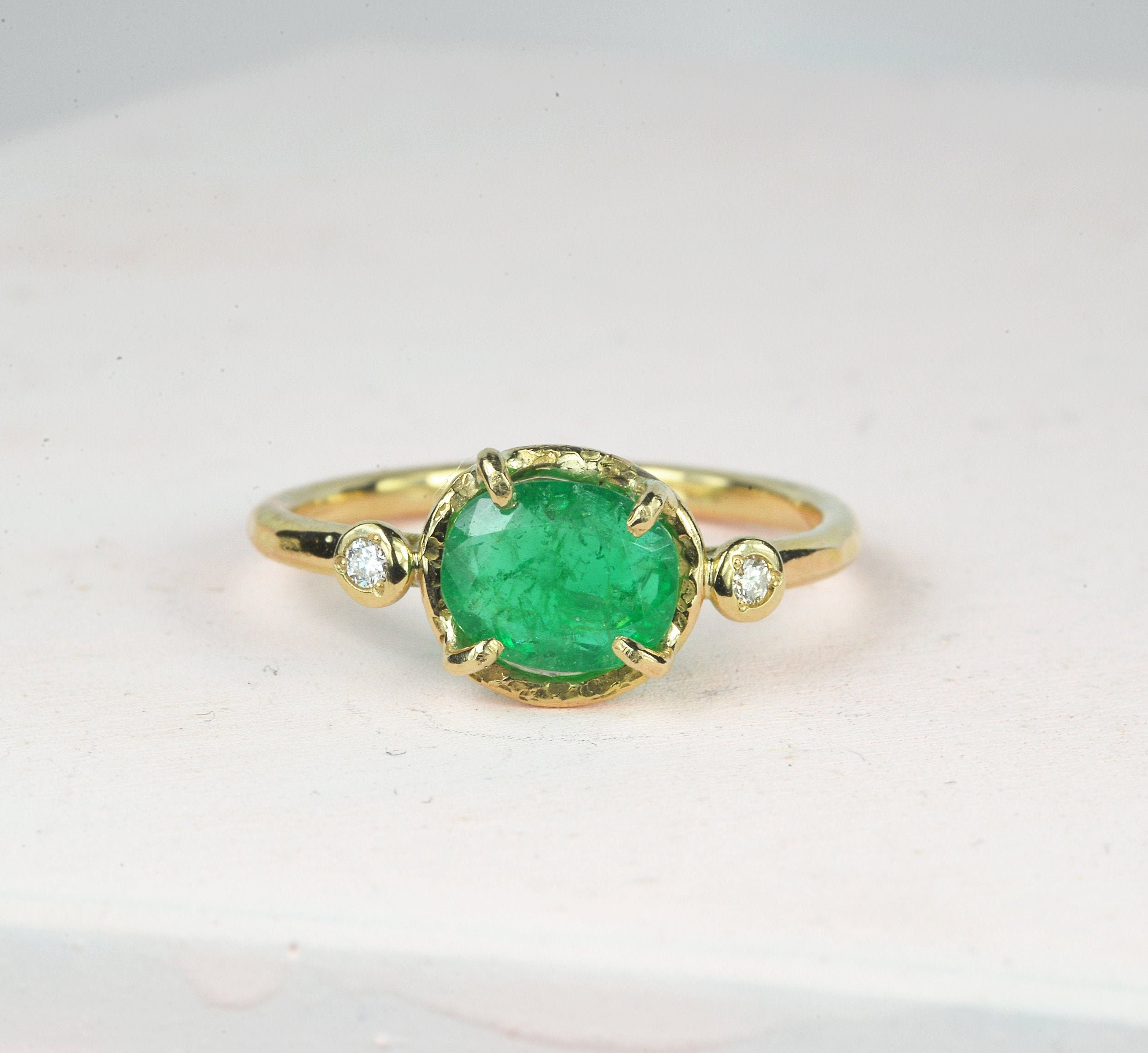 Emerald & Diamond Gold Ring-Emerald Engagement Ring-Rose Gold - Yellow Diamond Ring-Emerald White