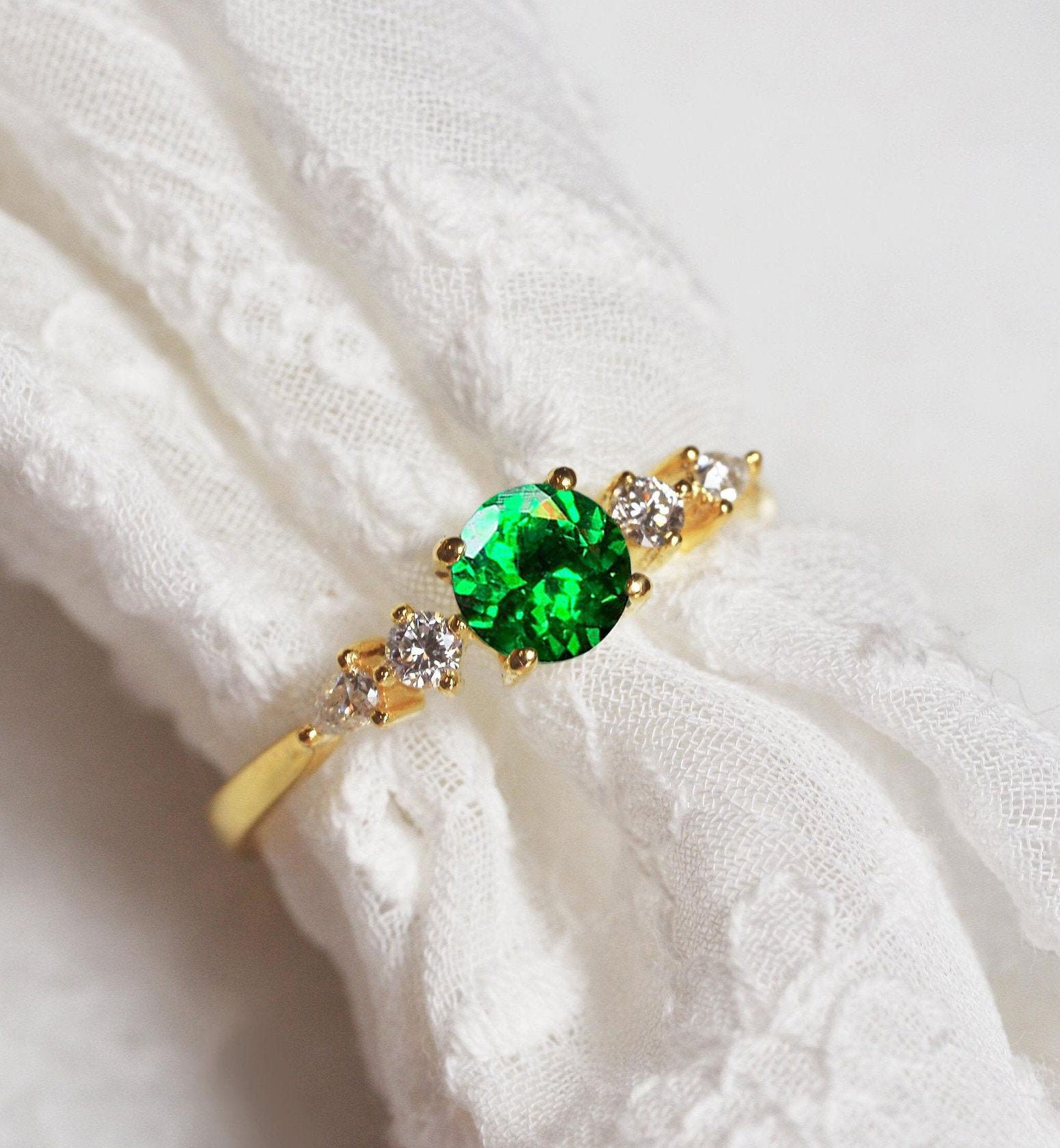 Green Tsavorite Engagement Ring | Three Stone Handmade Anniversary 9K/14K/18K Rose, White, Yellow Gold & Platinum