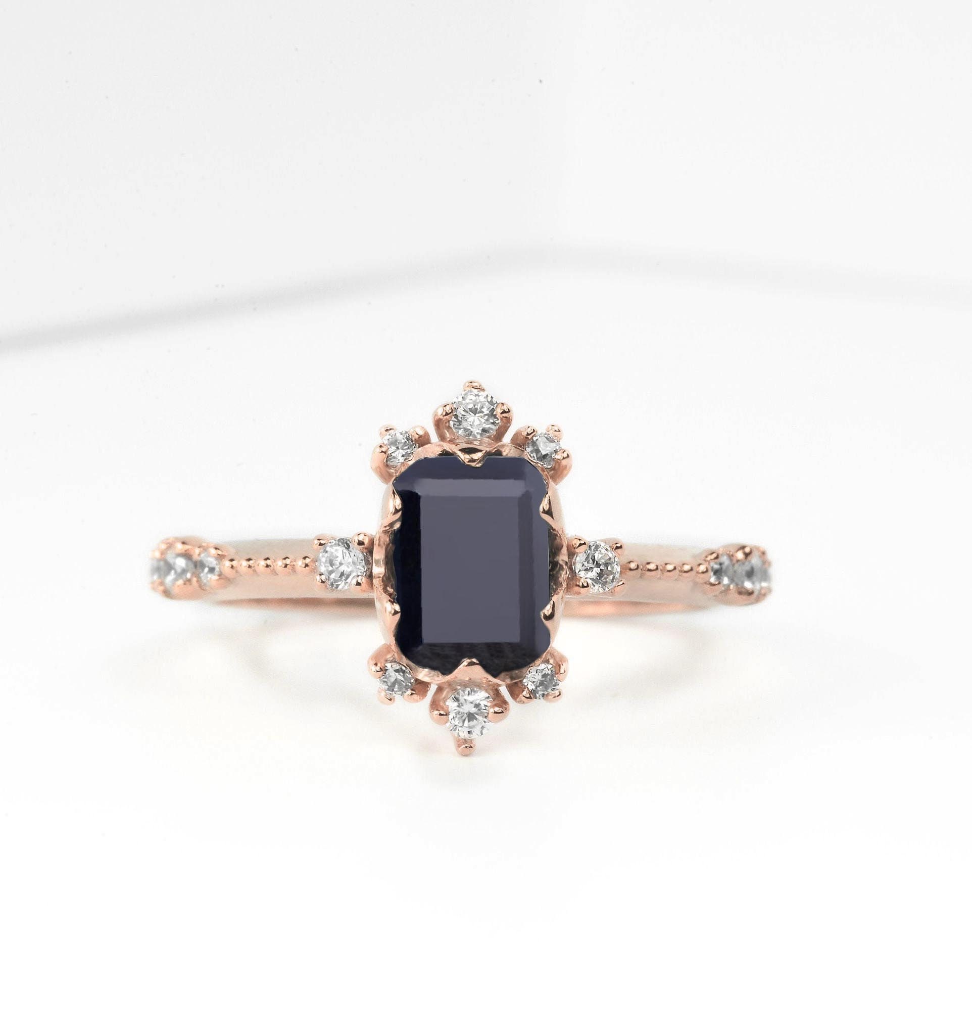 Emerald Cut 1.53Ct Natural Black Diamond Engagement Ring | 14K, 18K Gold Genuine Bespoke Rose