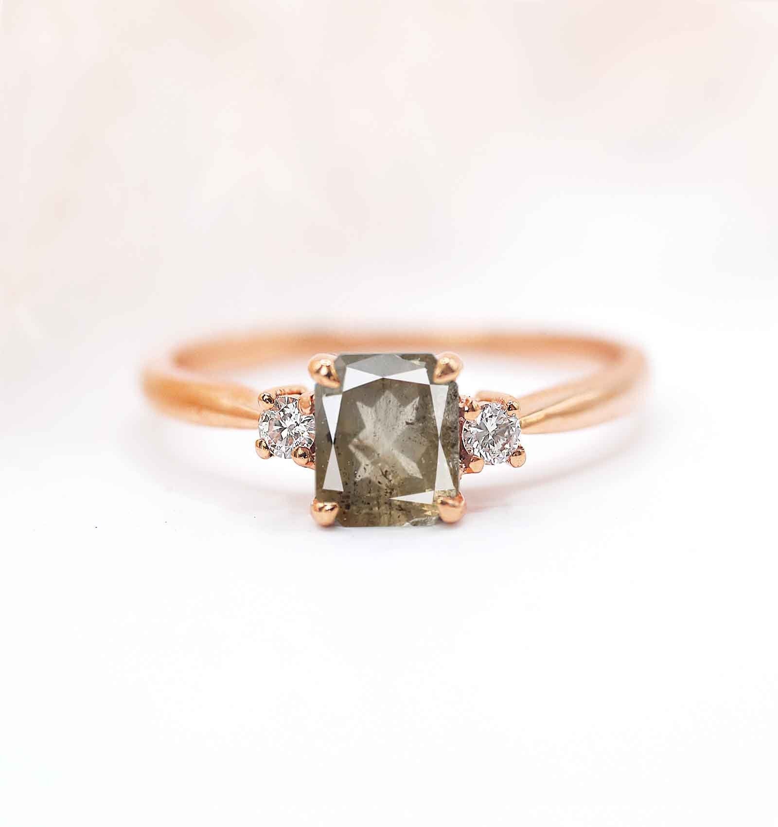 Radiant Cut Salt & Pepper Diamond Vintage Ring | Radiant Engagement Unique Rose For Love