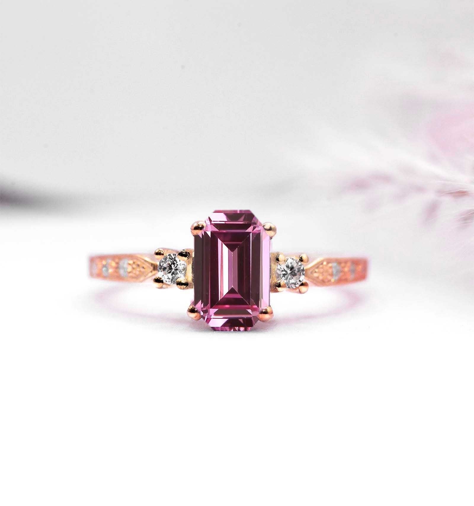 8 X 4.5mm Emerald Cut Pink Sapphire Engagement Ring | Wedding Bridal Vintage Princess Diamond & 1.52Ct