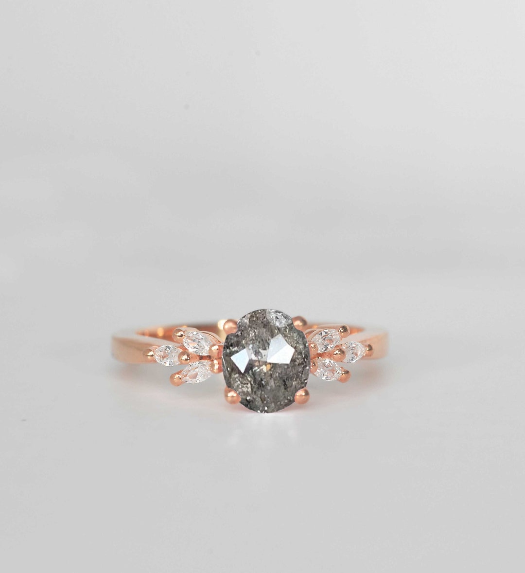 Oval Salt and Pepper Diamond and Marquise Diamond Engagement Ring