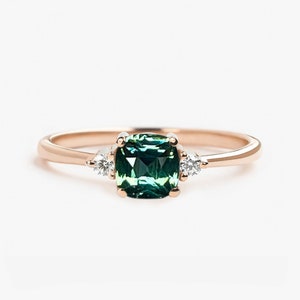 Cushion Cut Dark Teal Sapphire and Diamond Ring | Rose Cut Diamond Engagement Ring | Dainty Engagement Ring | Rose Gold Diamond Ring