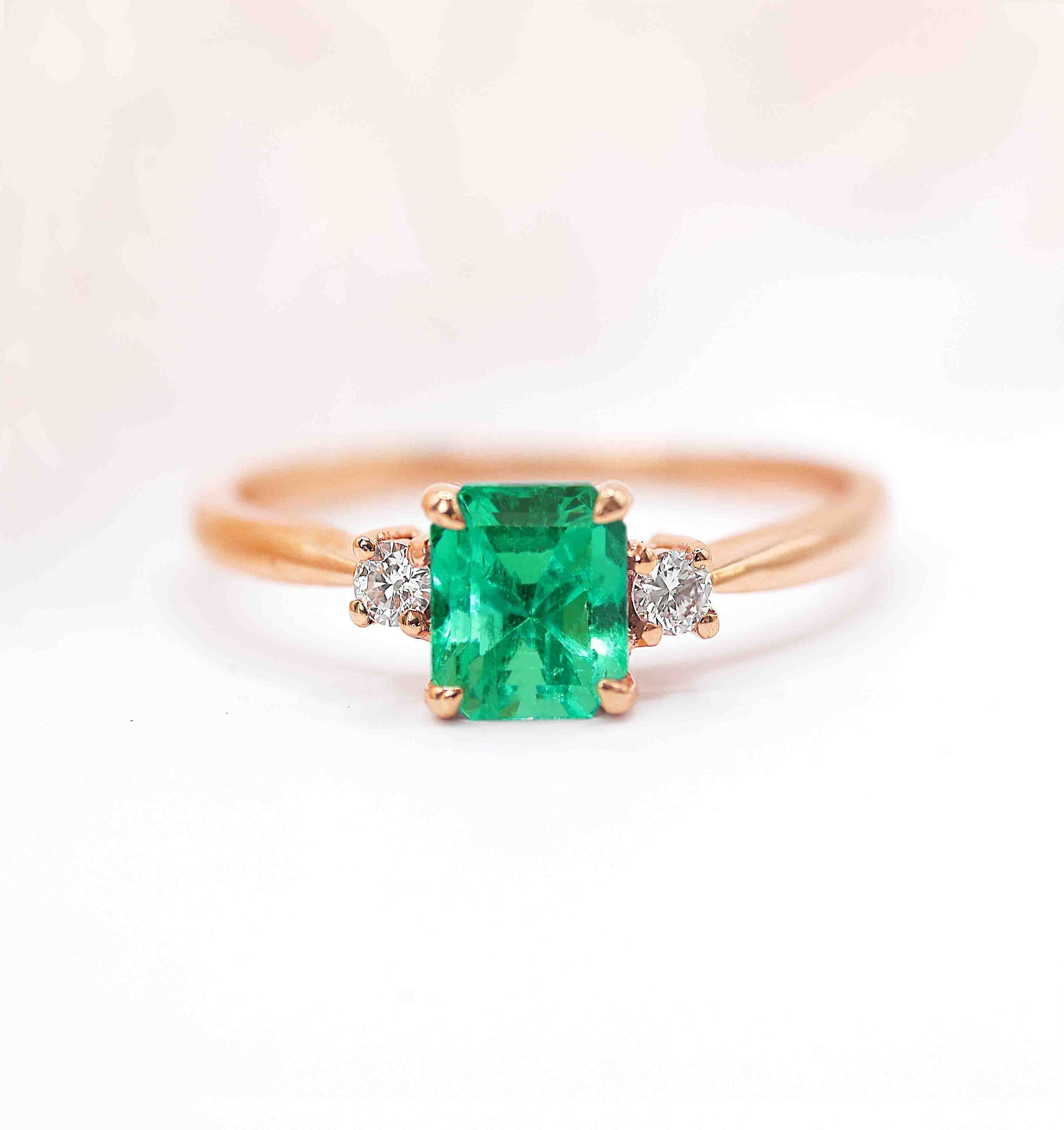 Radiant Cut Emerald & Diamond Vintage Ring | 6mm Radiant Engagement Unique Rose For Love