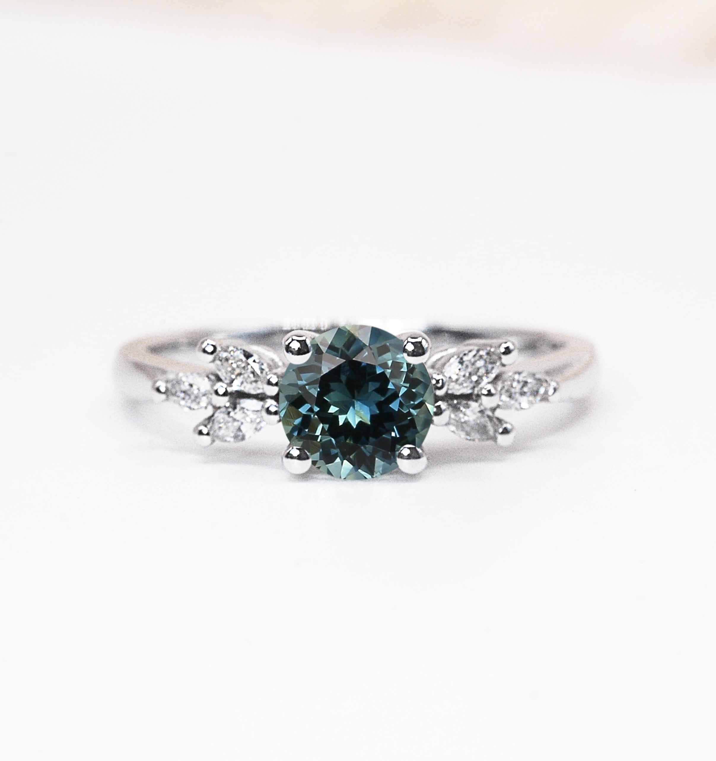Natural Teal Sapphire Featuring Engagement Ring | Round Art Deco Solid White/Yellow/Rose Gold Stylish Celebrity For Her