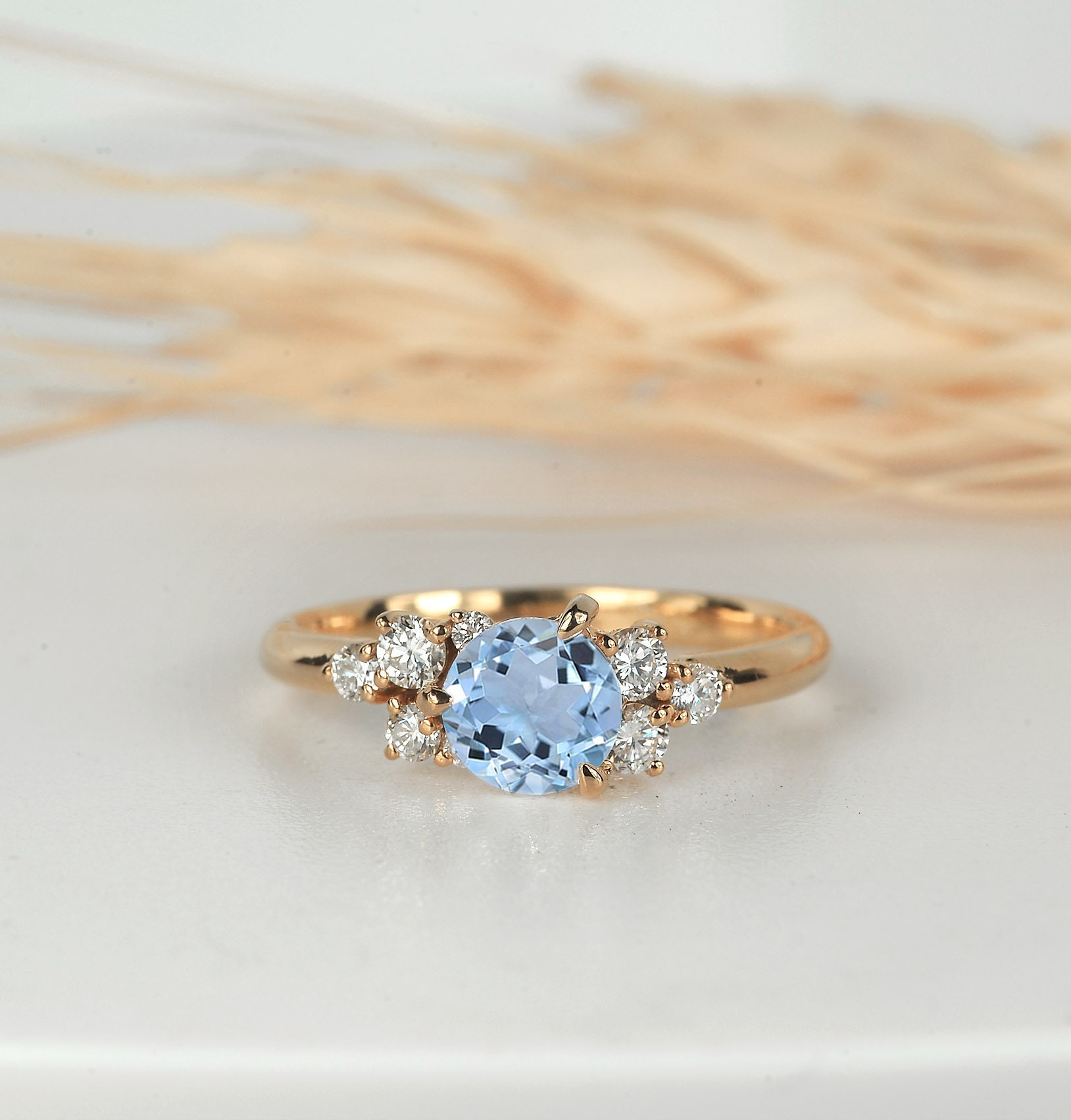 Aquamarine Engagement Cluster Ring | Diamond Rose Gold Vintage Ring Anniversary Unique Bridal