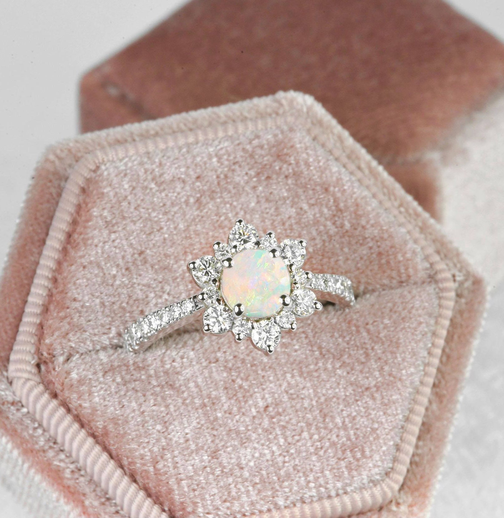 Opal Engagement Ring | White Opla & Diamond Cluster Gold Vintage Ring Halo Anniversary Unique Bridal