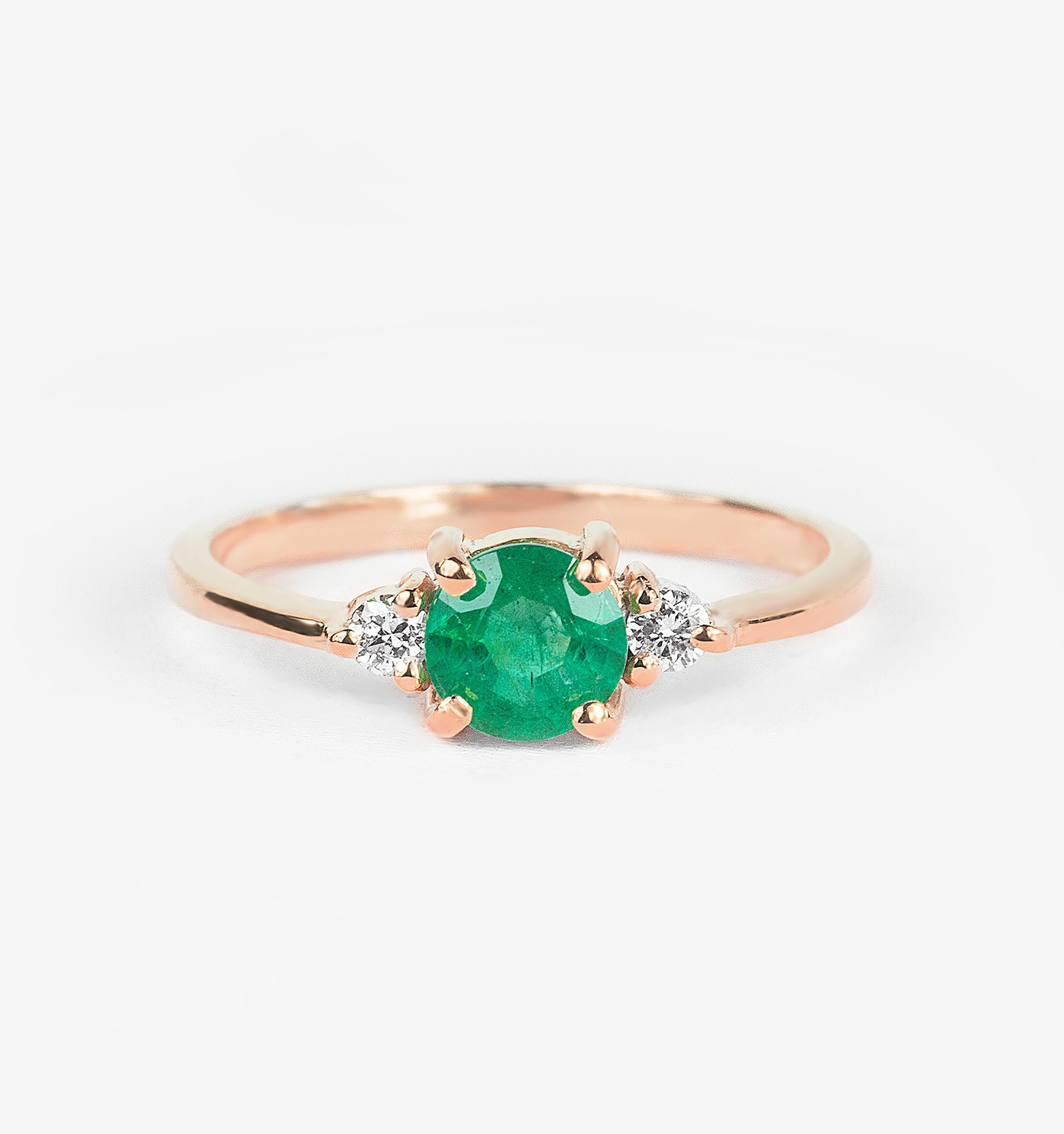 Emerald Engagement Ring, Emerald Rose Gold Engagement Ring-Three Stone Ring-Promise Ring-Anniversary Ring-Emerald Ring