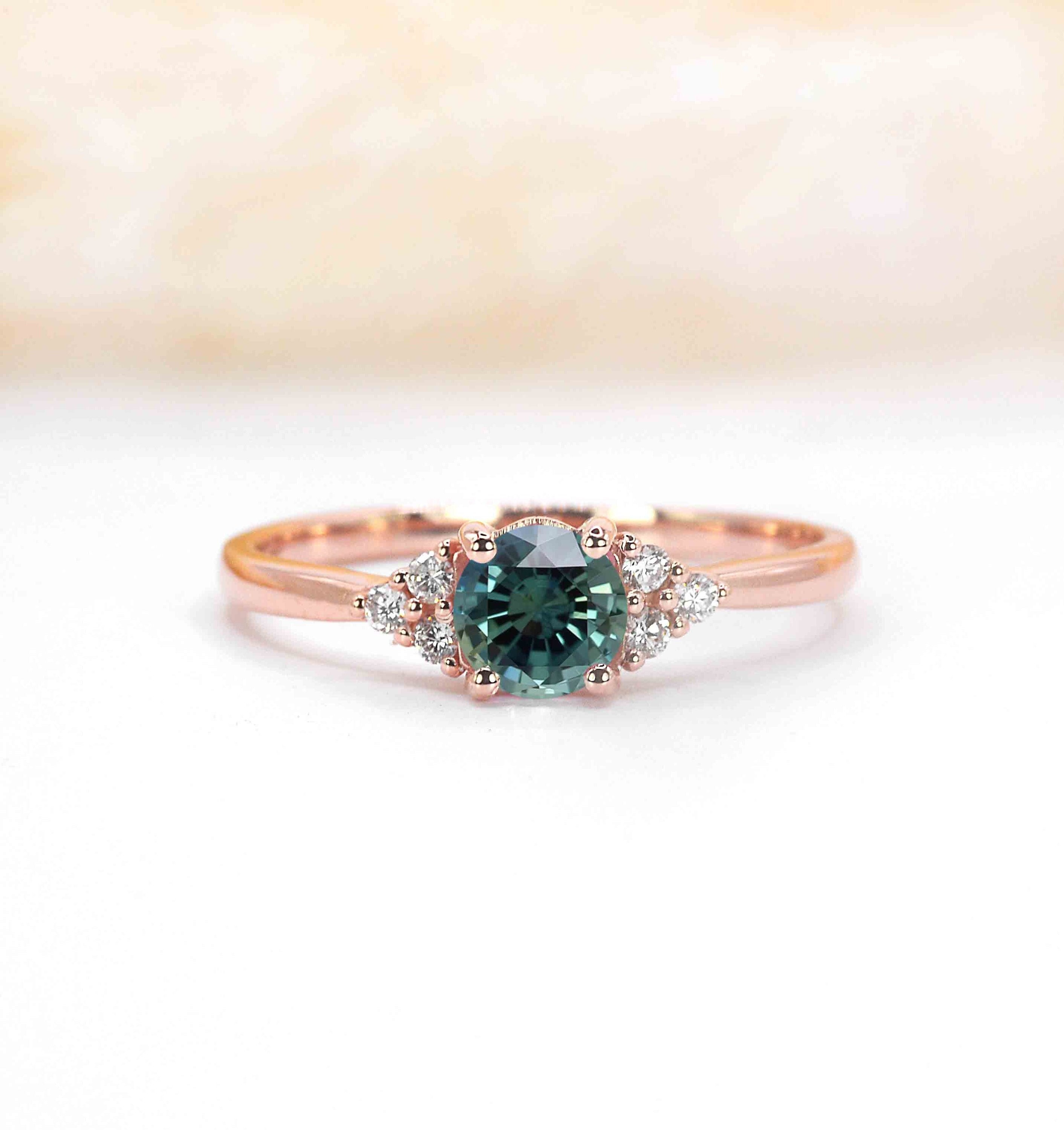 Natural Round Teal Sapphire Engagement Ring | Art Deco & Diamond Solid Rose, Yellow, White Gold Or Platinum Handmade