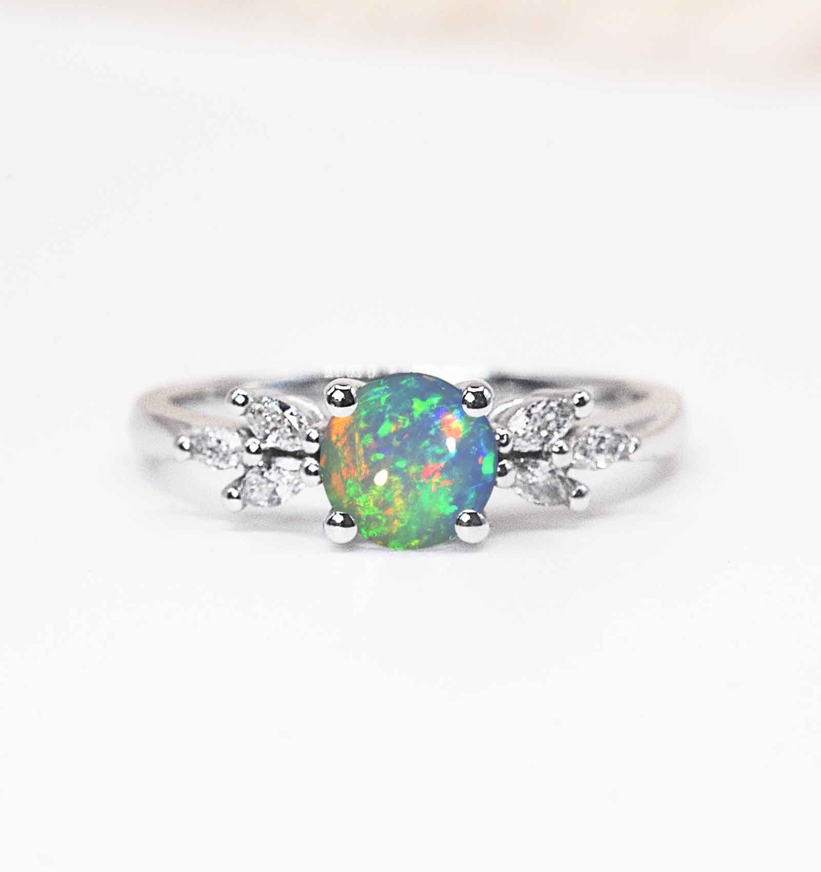 White Opal Featuring Engagement Ring | Round White Opal & Diamond Art Deco Solid White/Yellow/Rose Gold Stylish Anniversary