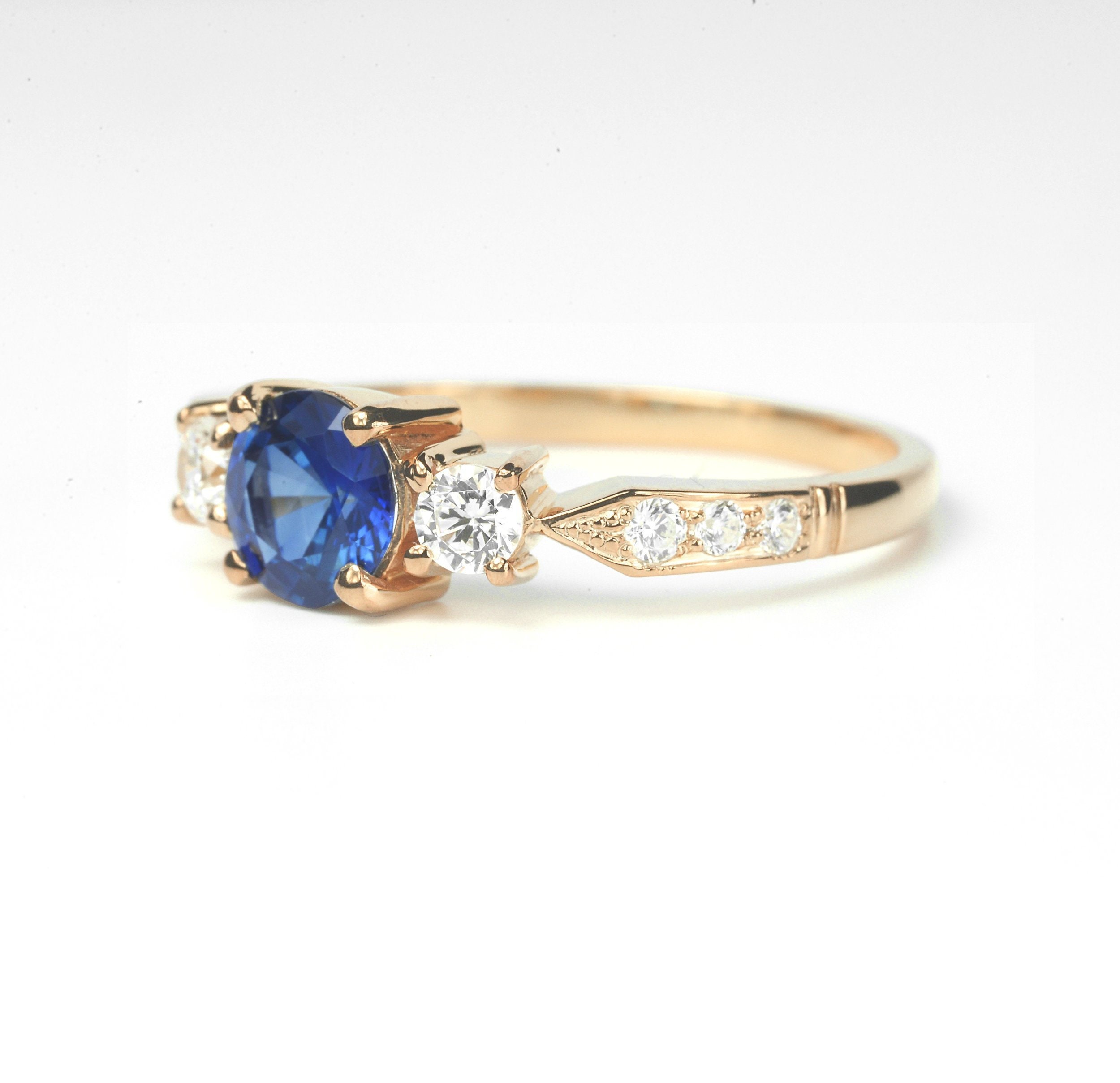 Natural Blue Sapphire & Diamond White Gold Engagement Ring-Three Stone Ring-Promise Ring-Anniversary Ring-Sapphire Ring