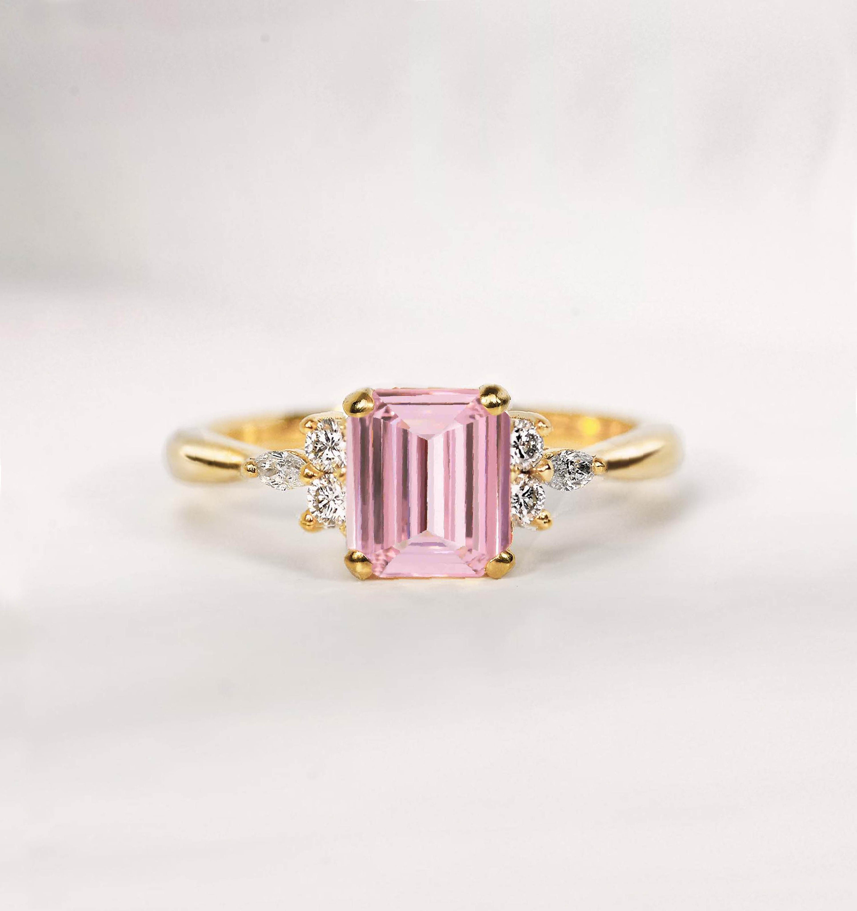 Emerald Cut Light Pink Sapphire Engagement Ring | 14K, 18K Gold Genuine Alternative Diamond Eco Friendly