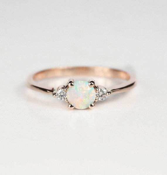 14k Gold Genuine Australian Opal Three Stone Ring - White, Yellow or Rose 14k Gold Genuine Australian Opal Three Stone Ring - White, Yellow or Rose