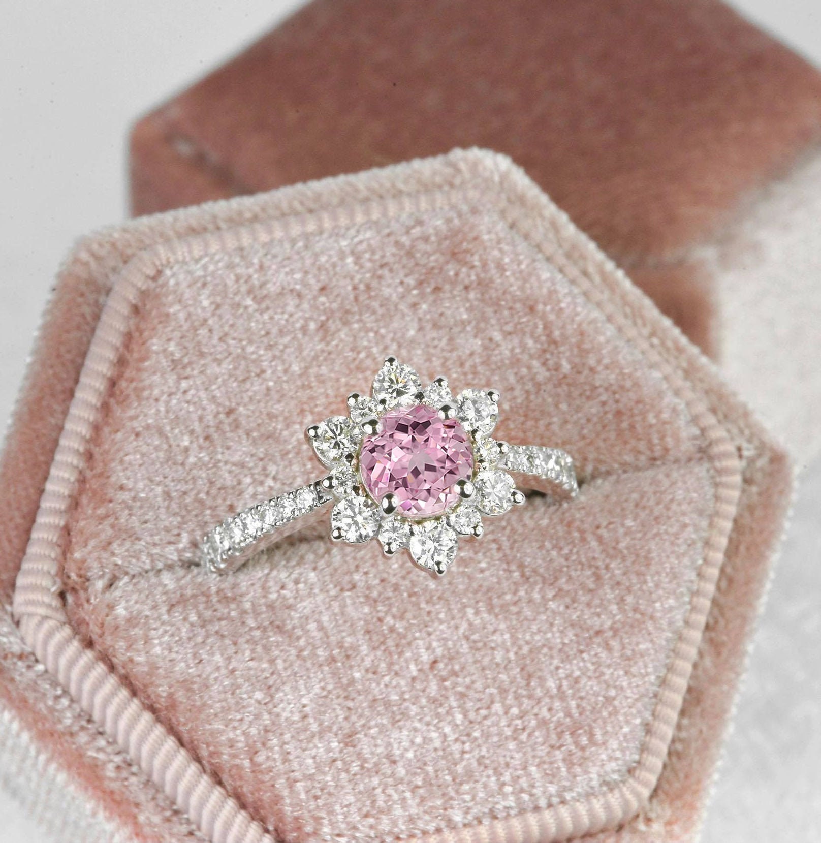 Light Pink Sapphire Engagement Ring | & Diamond Cluster Vintage Bridesmaid Ring Halo Unique Bridal