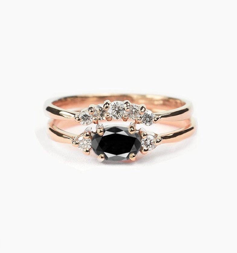 Black Diamond Engagement Ring & Alternative Wedding Band | Oval Rose Gold Curved