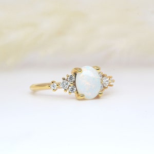 Oval white opal and diamond dainty ring Oval cut opal anniversary ring Princess cut diamond and opal ring yellow gold engagement ring image 3