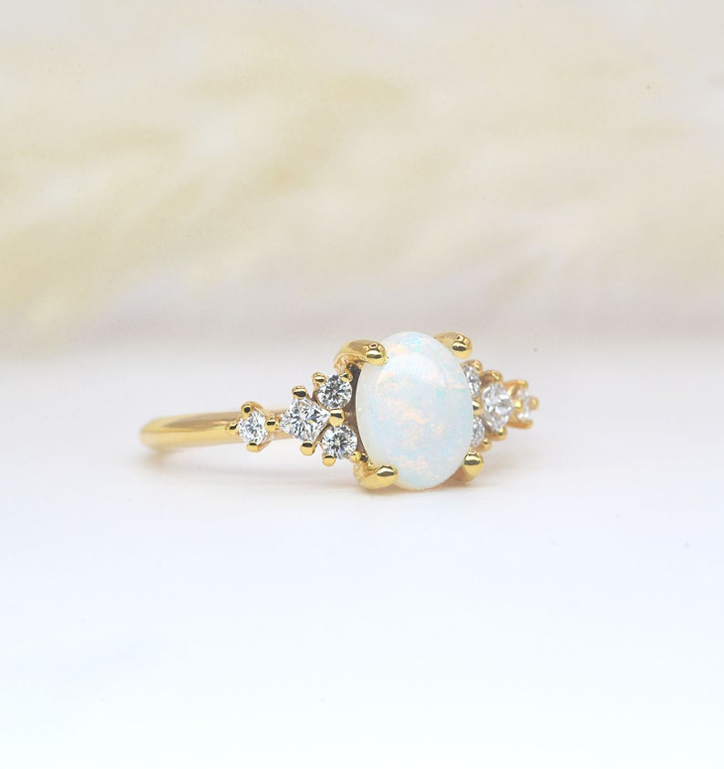 Oval white opal and diamond dainty ring Oval cut opal anniversary ring Princess cut diamond and opal ring yellow gold engagement ring 画像 3