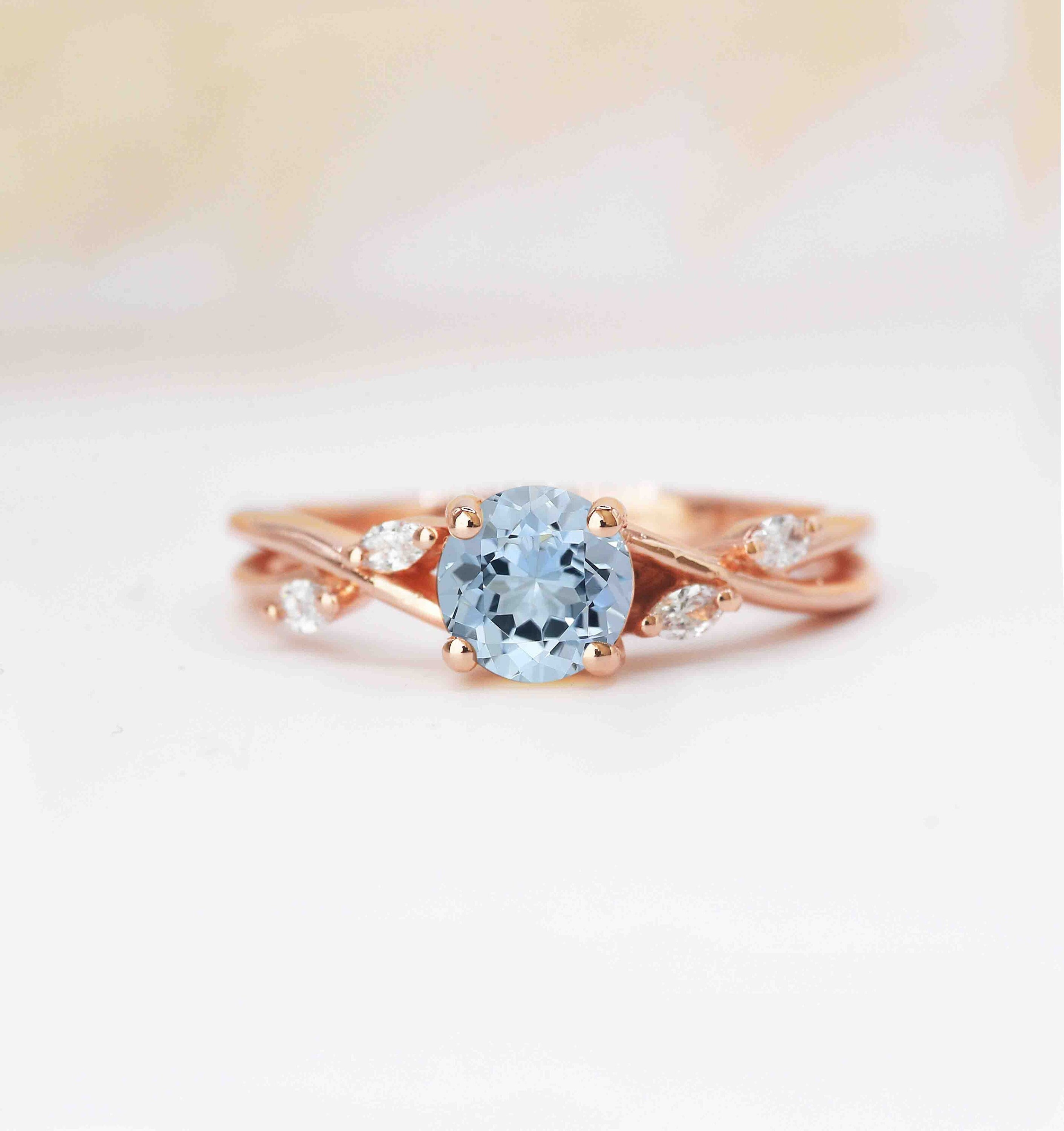 Aquamarine & Diamond Handmade Ring | Dainty Aquamarine Marquise Delicate 1.00Ct Featuring Rose Gold