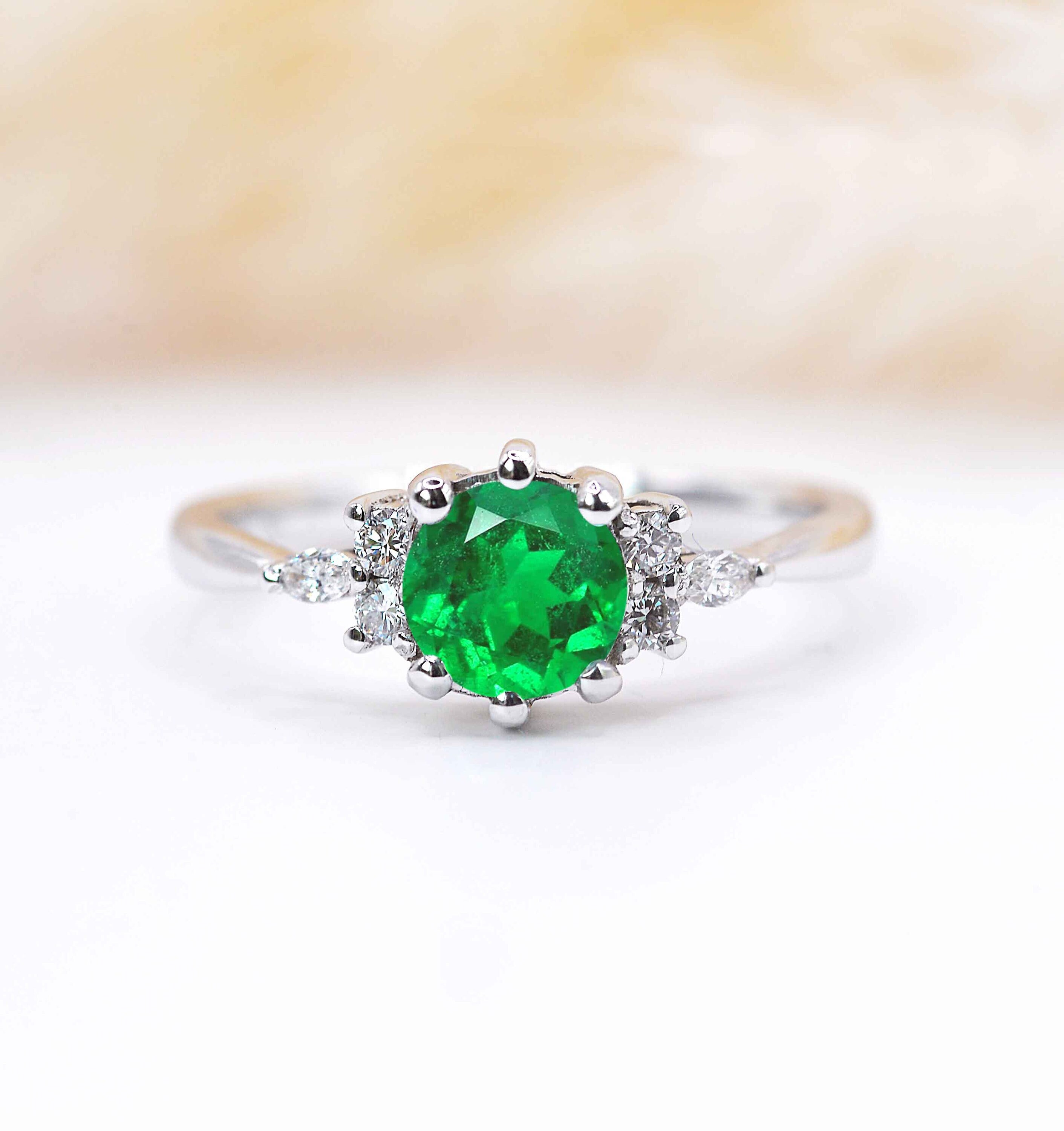 Natural Emerald & Diamond Delicate Ring | Emerald Featuring Art Deco Solid White Gold Celebrity Vintage Stylish