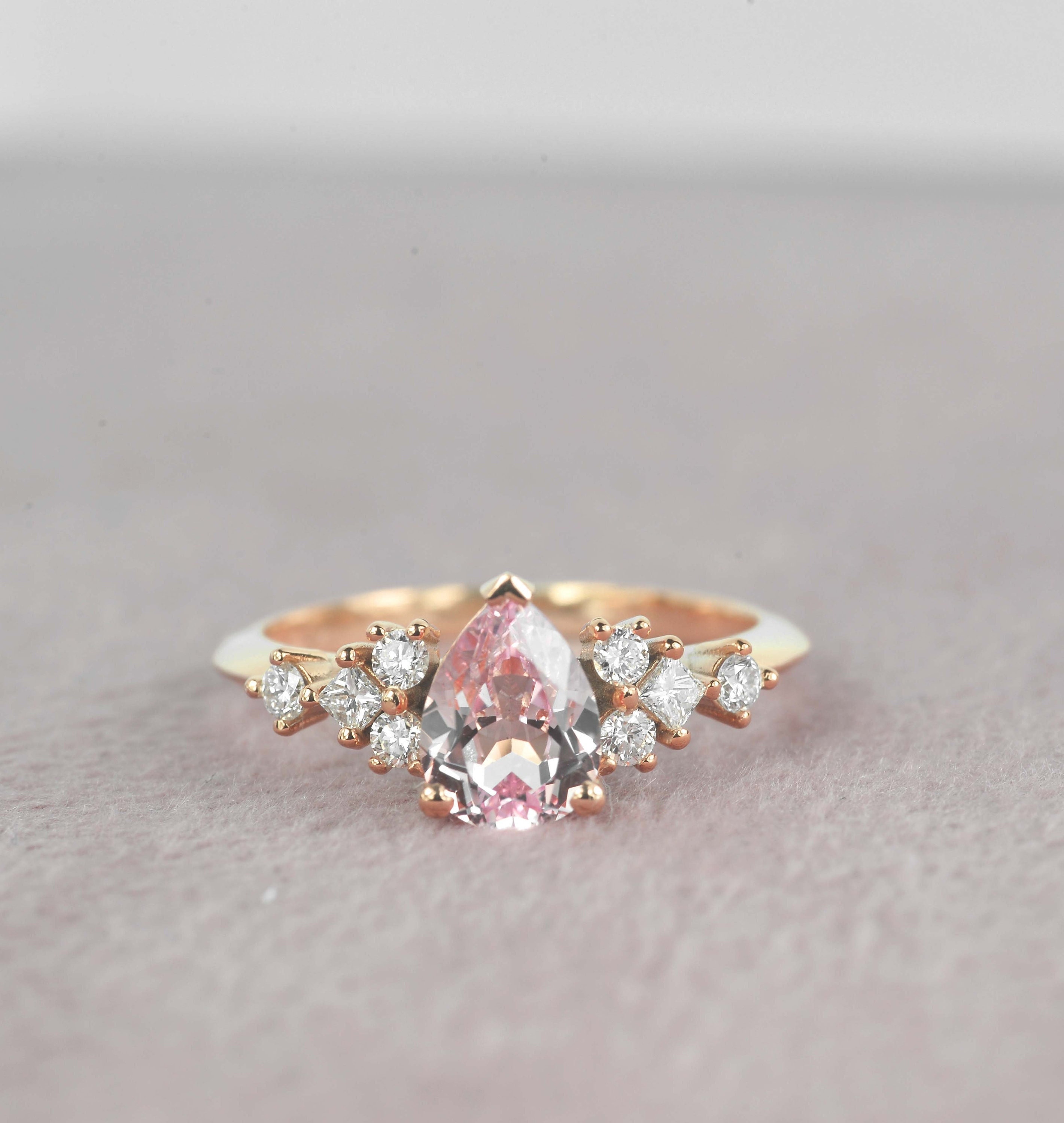 1.51Ct Pear Morganite Engagement Ring | Anniversary Princess Cut Diamond Fitted Rose Gold For Her