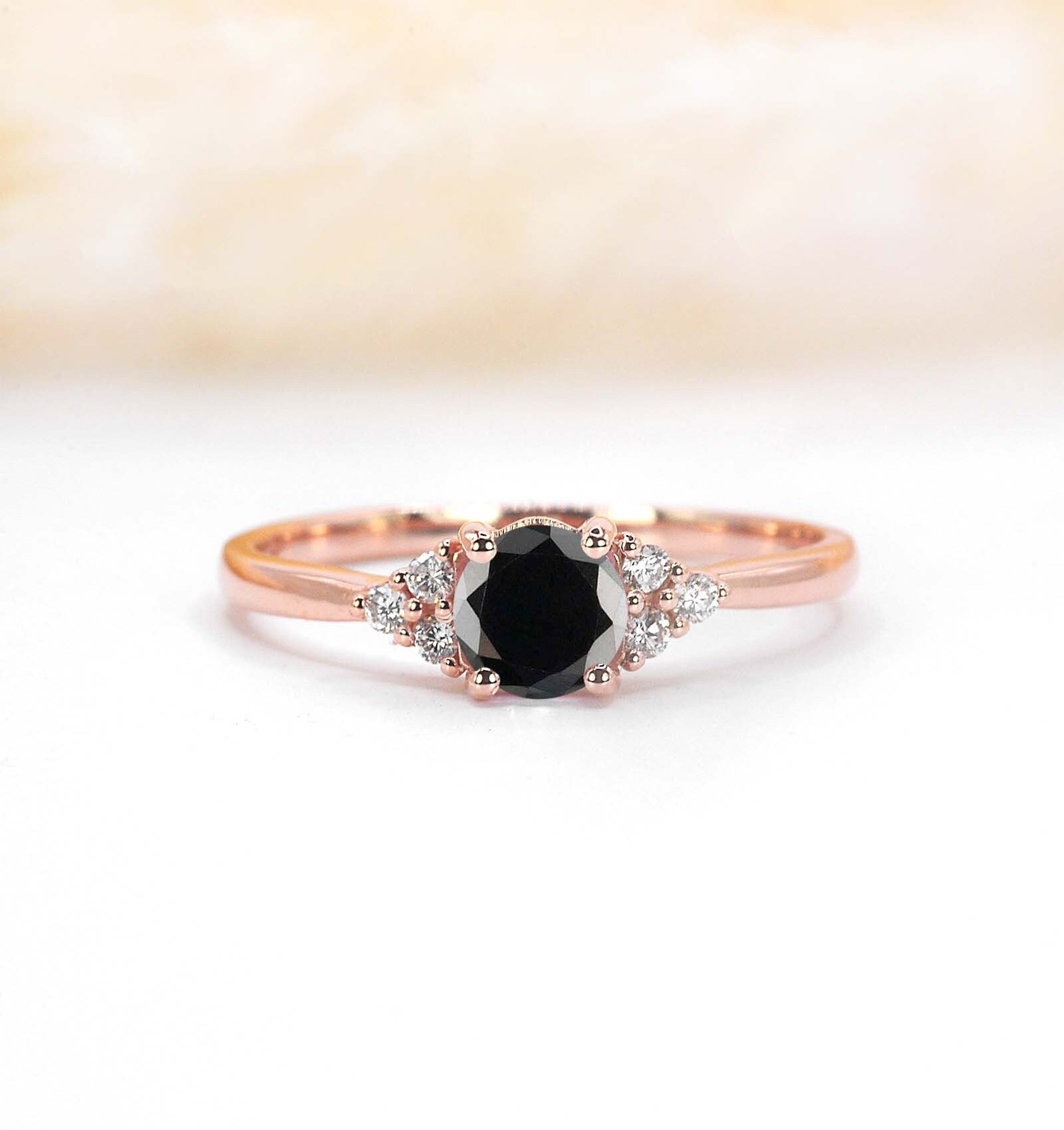 Round Black Diamond Cluster Engagement Ring | Art Deco Dainty Solid Rose, Yellow, White Gold Or Platinum Handmade