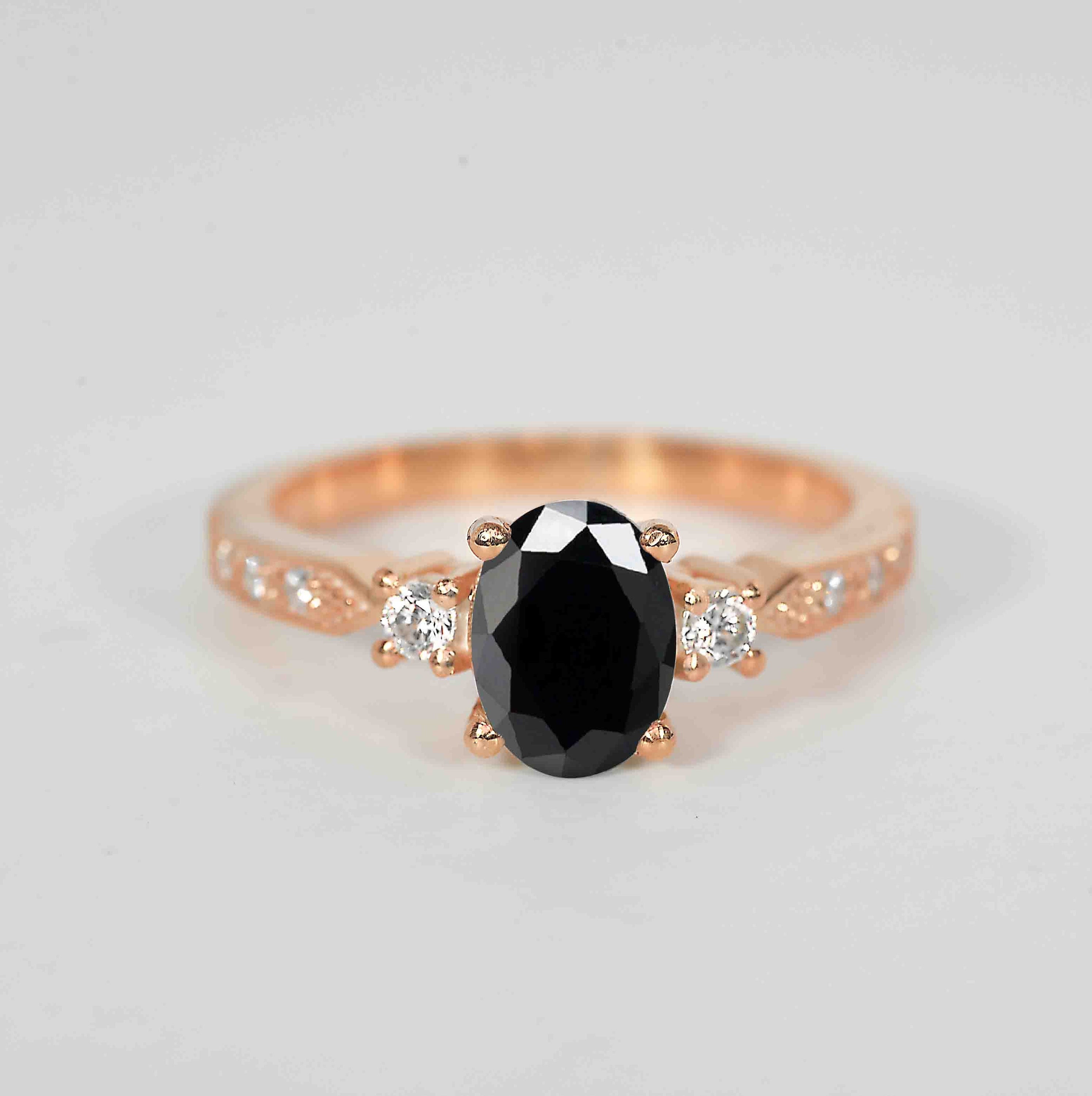 Oval Black Diamond Engagement Ring | Round Diamond 9K/14K/18K Rose Gold Ring Rustic For Her