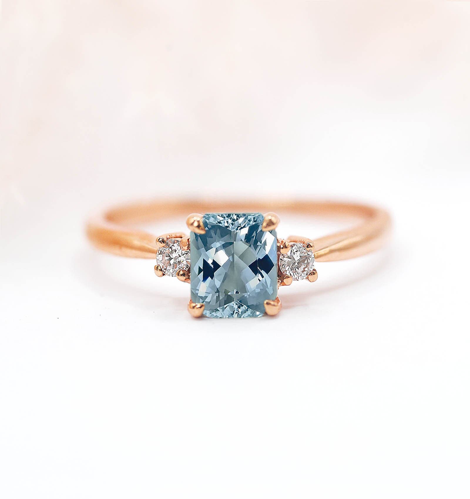 Radiant Cut Aquamarine & Diamond Vintage Ring | Radiant Engagement Unique Rose For Love