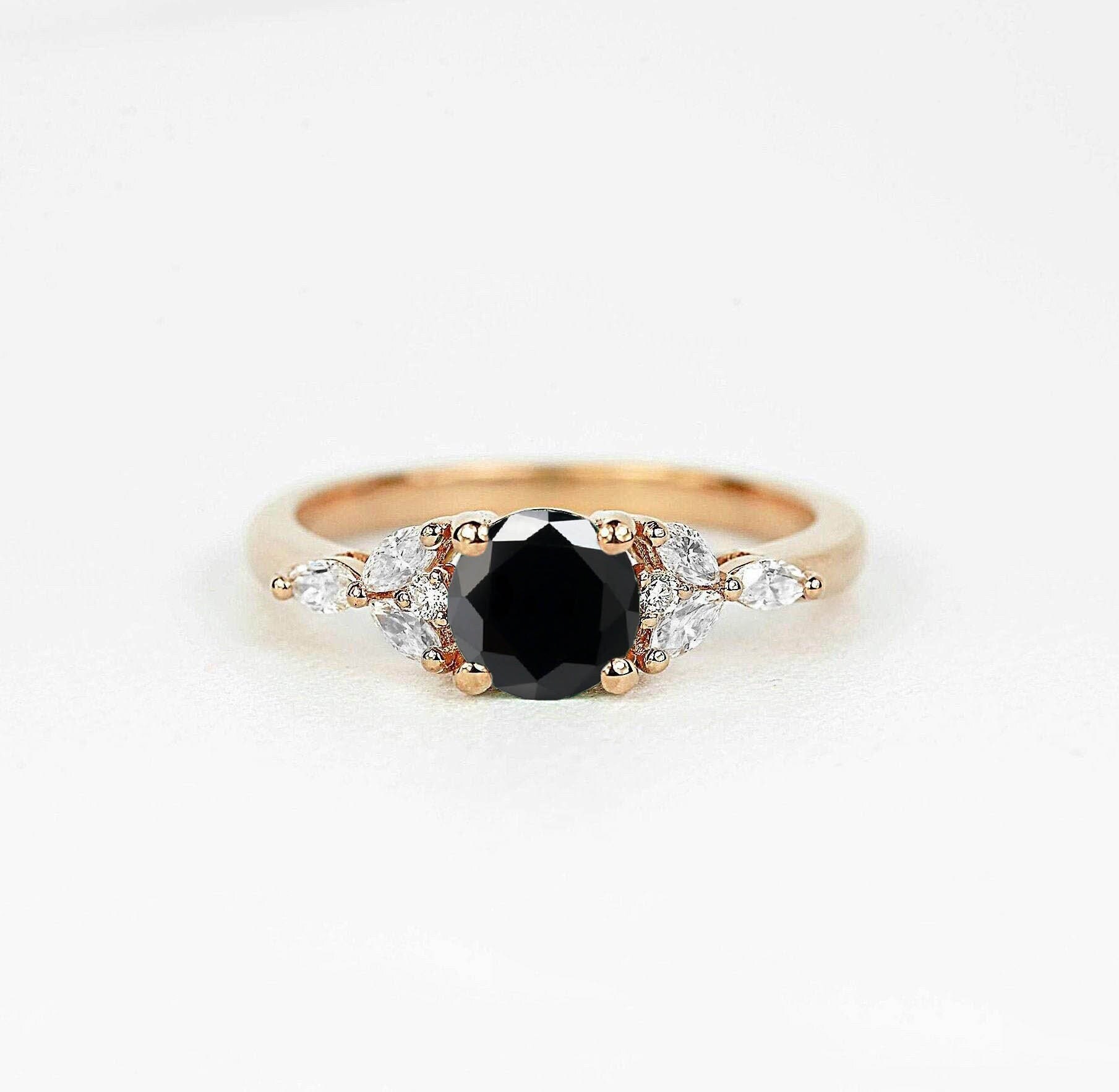 Round Black Diamond & Marquise Engagement Ring | Dainty Bridal Promise Art Deco Bespoke Vintage Gift Ring