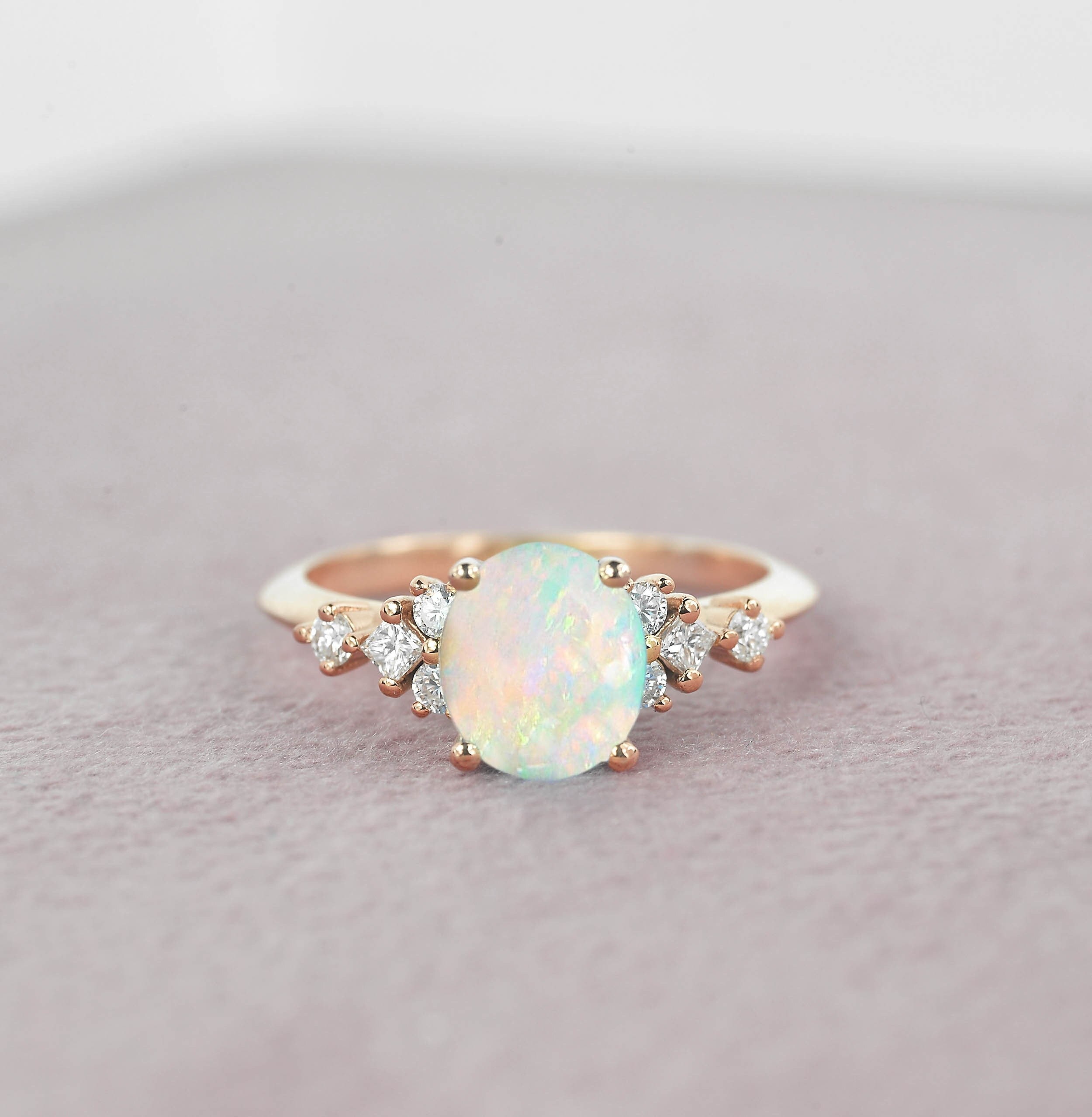 1.65Ct Oval Natural White Opal & Diamond Engagement Ring | Anniversary Princess Rose Gold