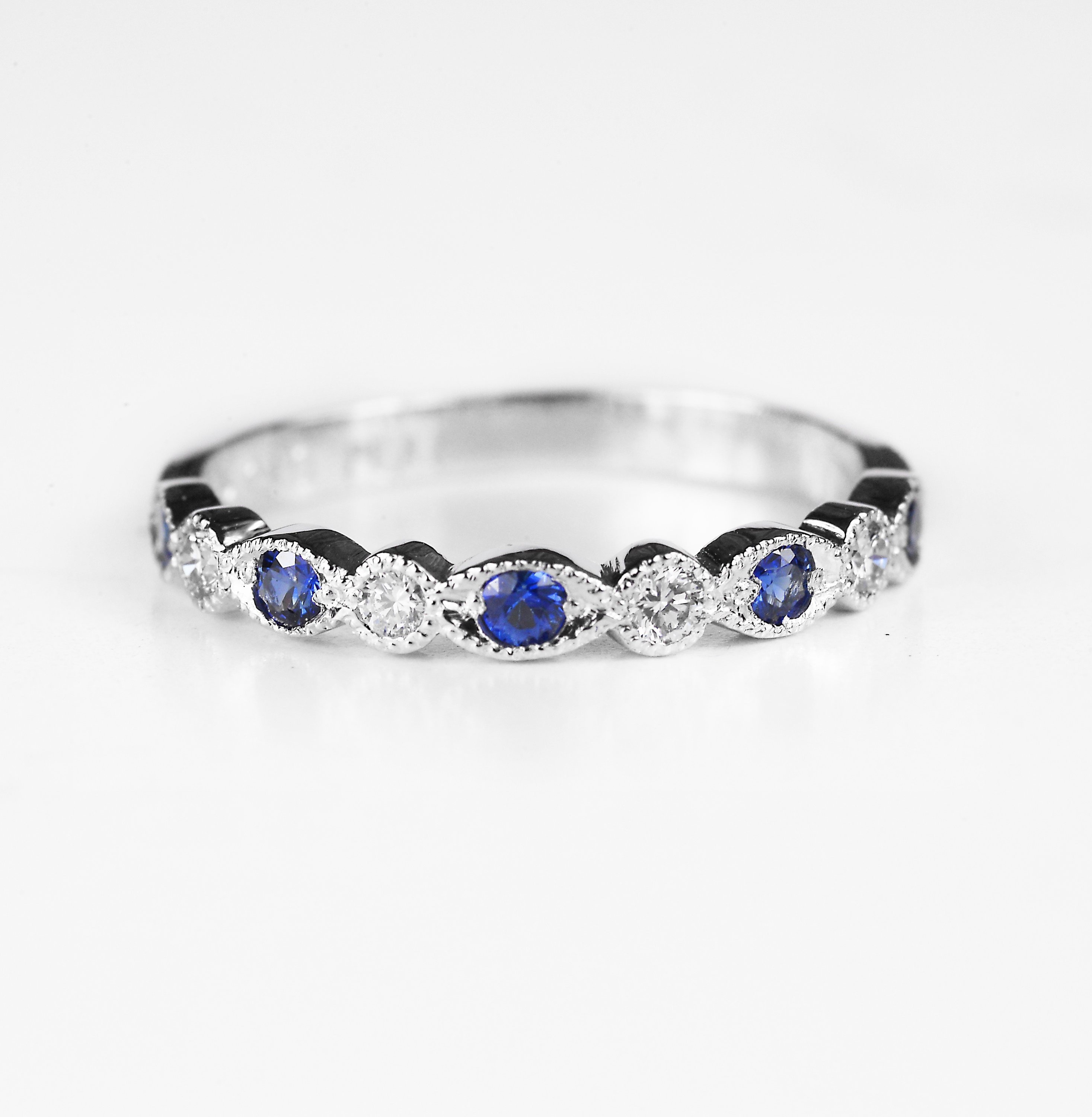 Platinum 950 Diamond & Blue Sapphire Art Deco Antique Style Half Eternity Band, Wedding Stackable Rings, Made To Order