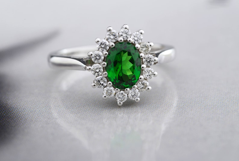 Tsavorite Ring in 950 platinum-Tsavorite Engagement Ring-Diana Ring-Tsavorite Diamond Cluster Ring-Diamond Engagement ring-FREE SHIPPING image 2