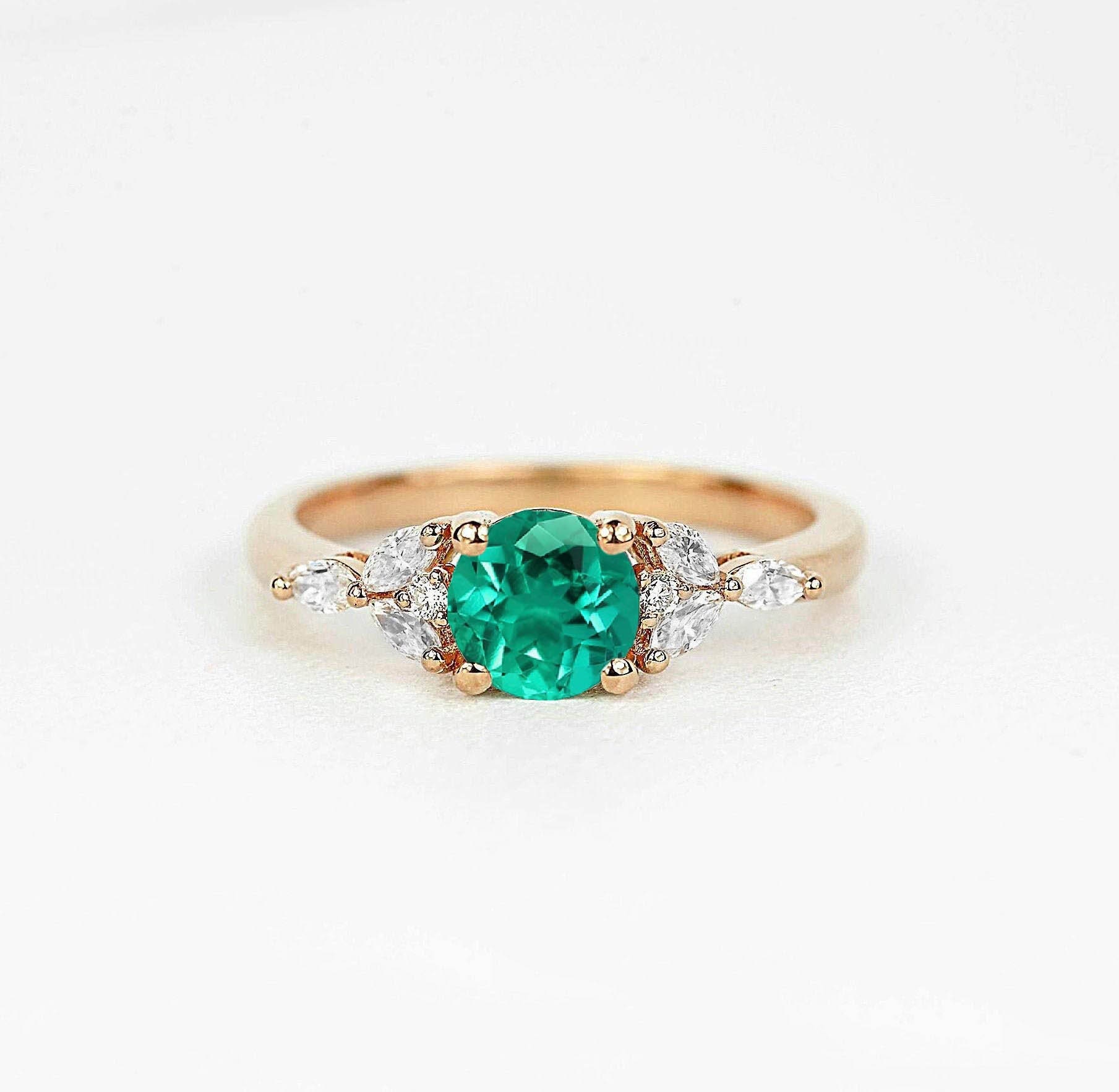 Natural Round Emerald & Marquise Diamond Engagement Ring | Dainty Bridal Promise Art Deco Bespoke Vintage Ring