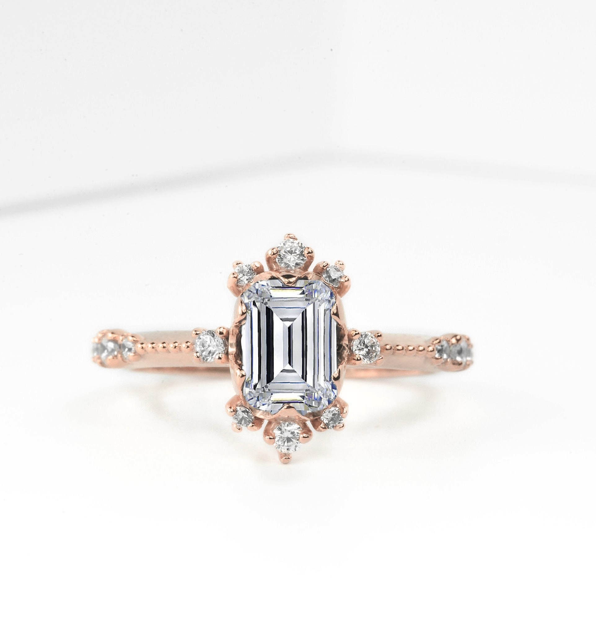 Emerald Cut 1.5Ct Natural White Moissanite Engagement Ring | 14K, 18K Gold Genuine Diamond Bespoke Rose