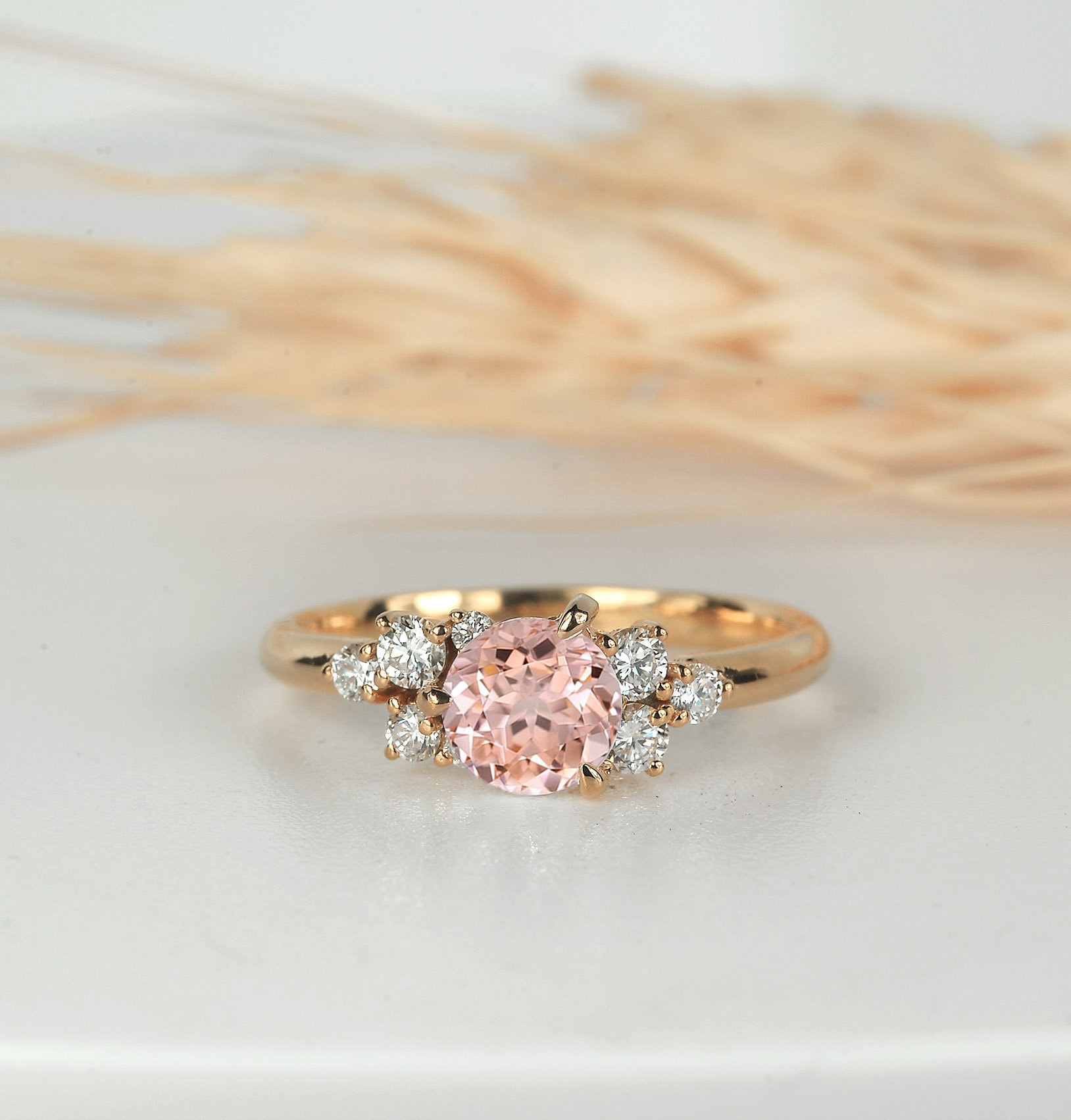 Morganite Engagement Cluster Ring | Diamond Rose Gold Vintage Ring Anniversary Unique Bridal