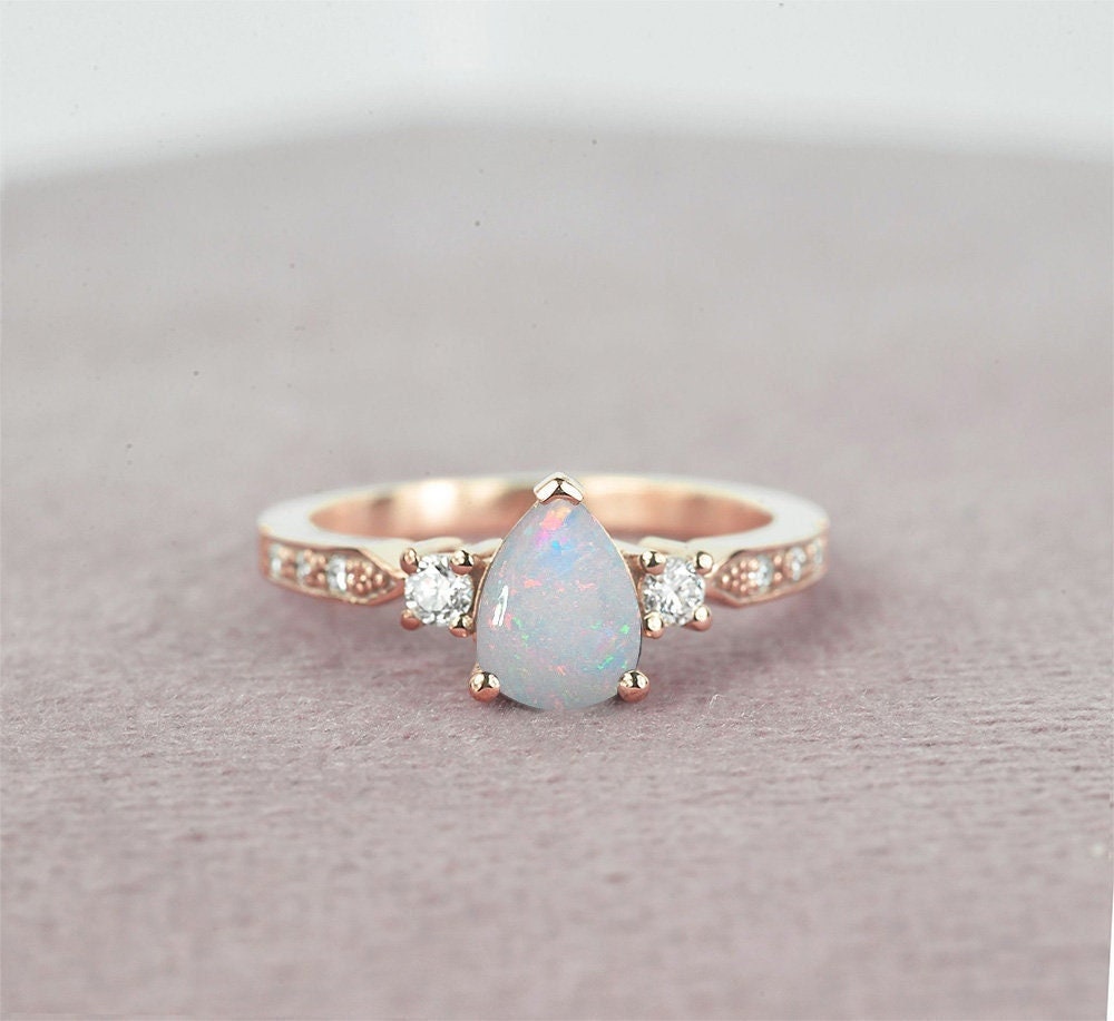 Pear Shaped Vivid White Opal Engagement Ring | Round Diamond 9K/14K/18K Rose Gold Rustic Ring