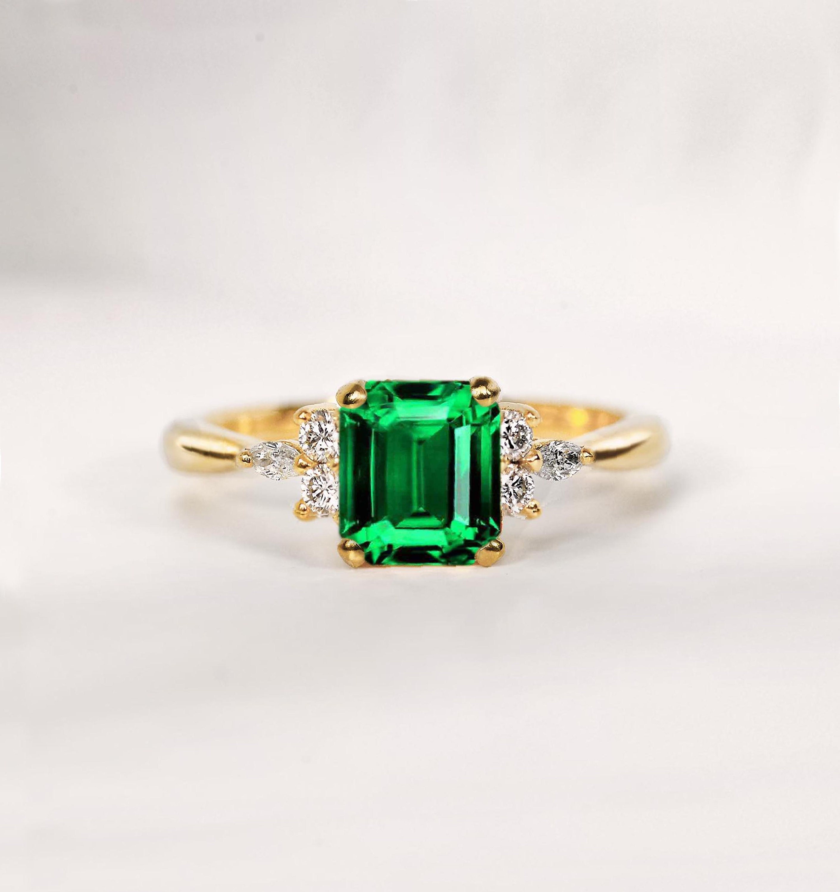 Emerald Cut Tsavorite Engagement Ring | 14K, 18K Gold Genuine Alternative Diamond Eco Friendly For Her