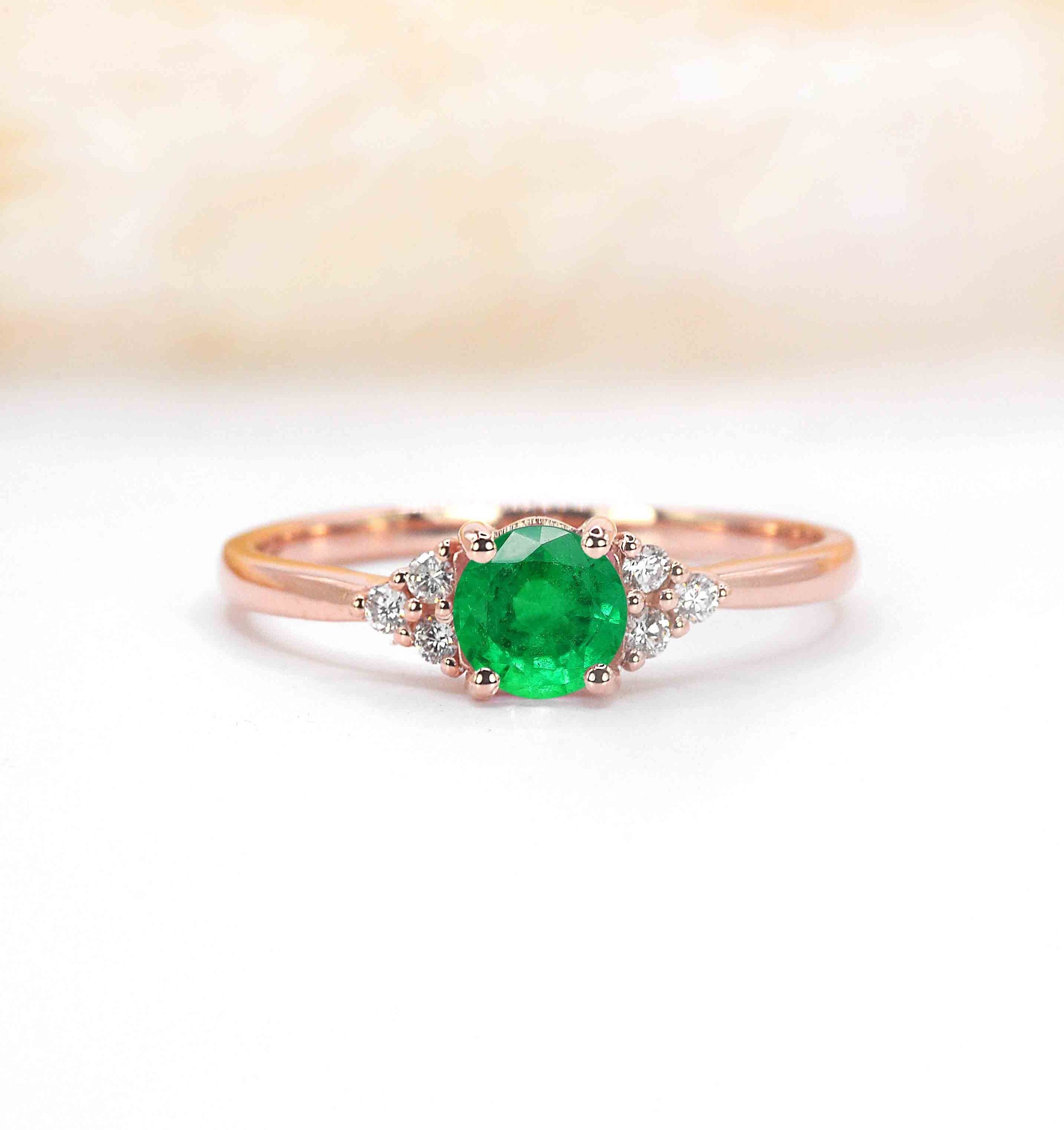 Natural Round Emerald Engagement Ring | Art Deco & Diamond Solid Rose, Yellow, White Gold Or Platinum Handmade