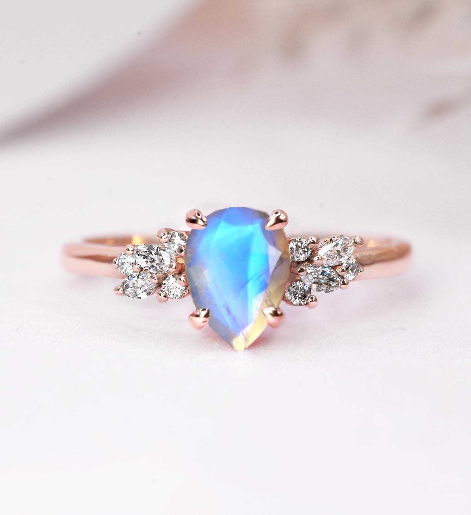 6 X 8mm Pear Moonstone & Diamond Engagement Ring | Wedding, Bridal Anniversary Cluster in Rose Gold For Her