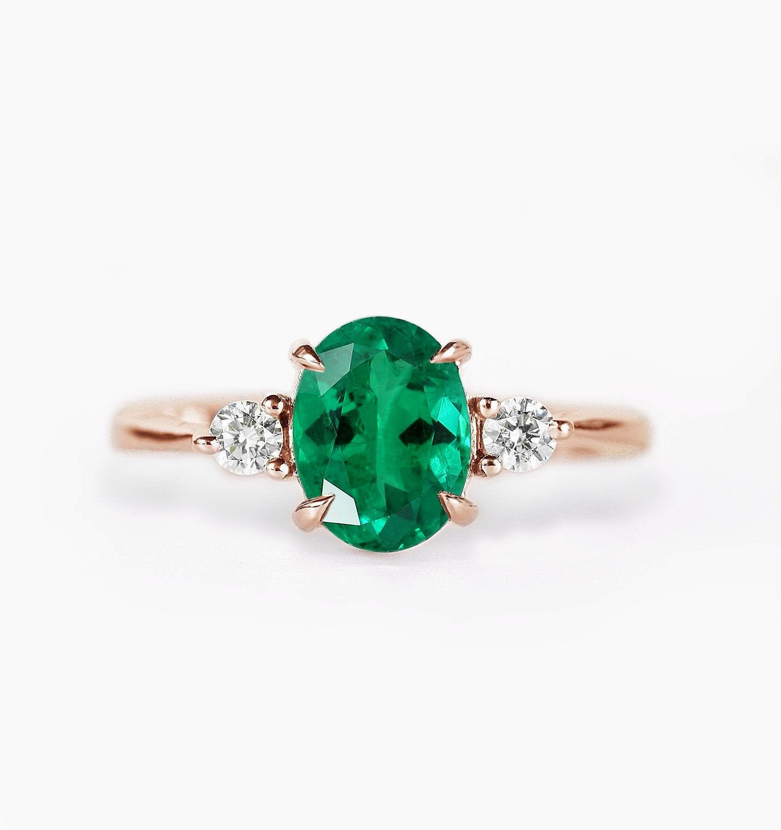 Oval Emerald Engagement Ring | 9K/14K/18K Rose Gold Alternative Diamond & Vintage Three Stones