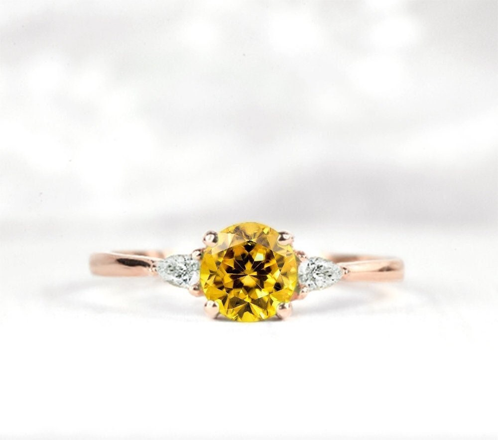 Round Yellow Sapphire & Pear Diamond Engagement Ring | Wedding Bridal Promise Bespoke 9K/14K/18K Rose Gold For Her