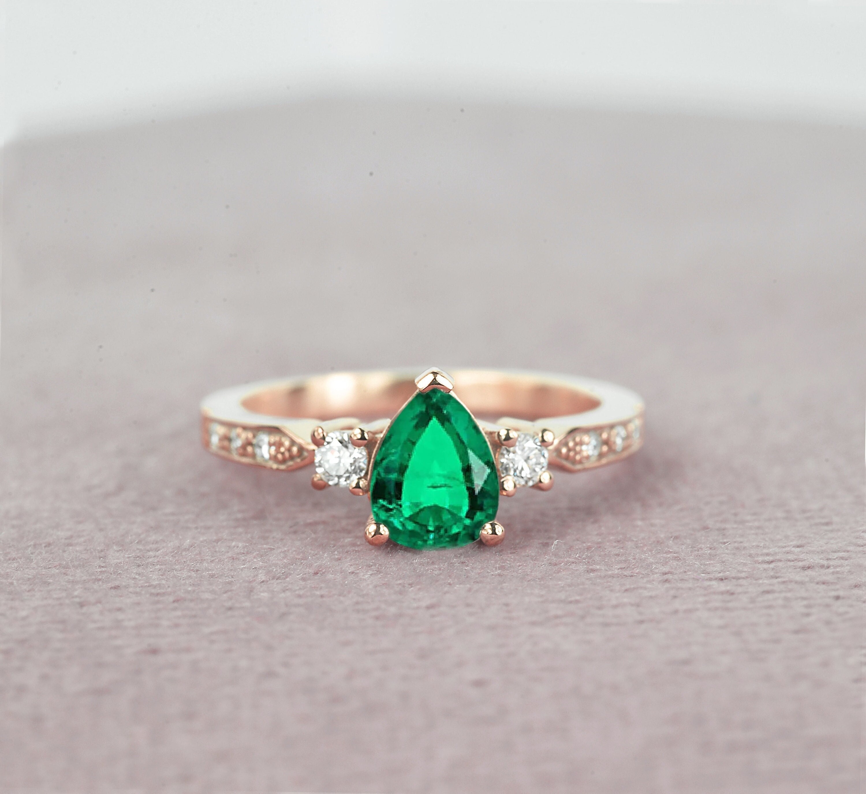 Pear Shaped Emerald Engagement Ring | Round Diamond 9K/14K/18K Rose Gold Rustic Ring For Her