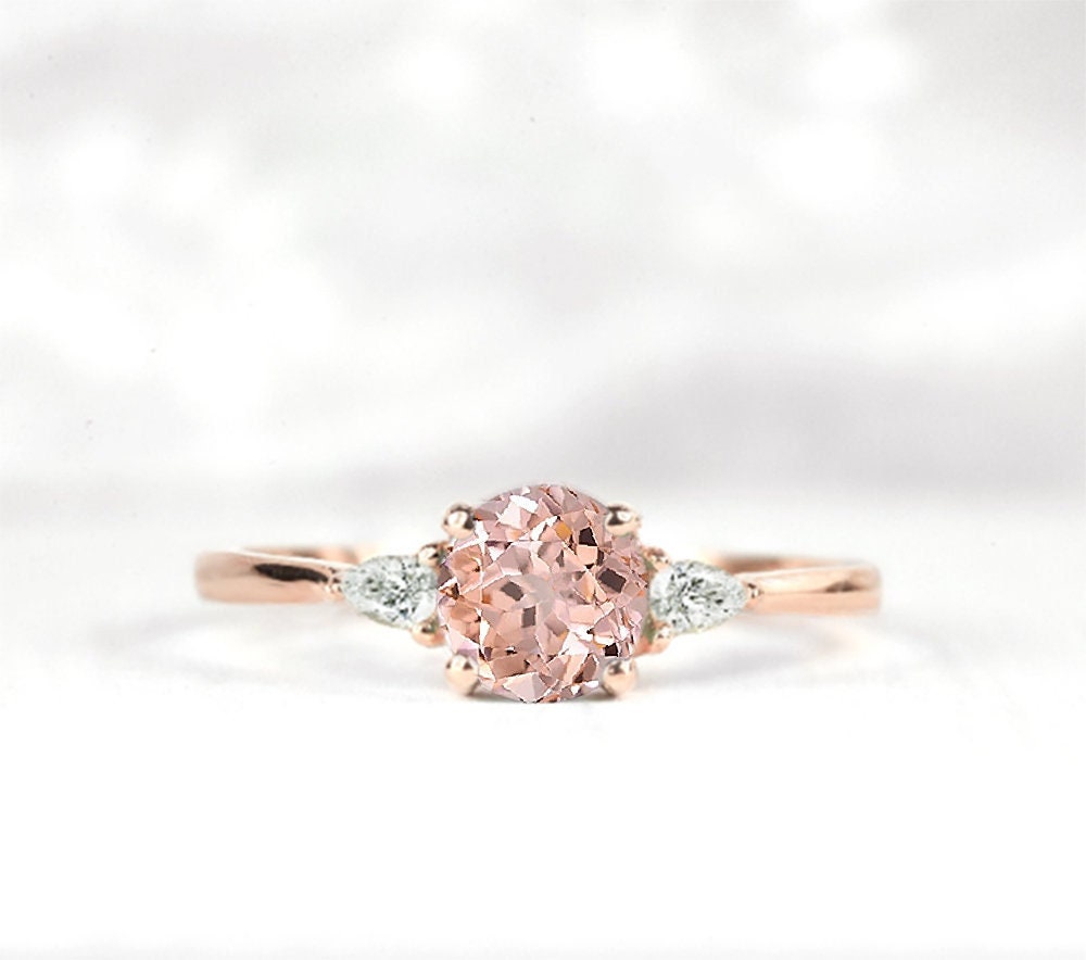 Round Morganite & Pear Diamond Engagement Ring | Wedding Bridal Promise Bespoke 9K/14K/18K Rose Gold For Her