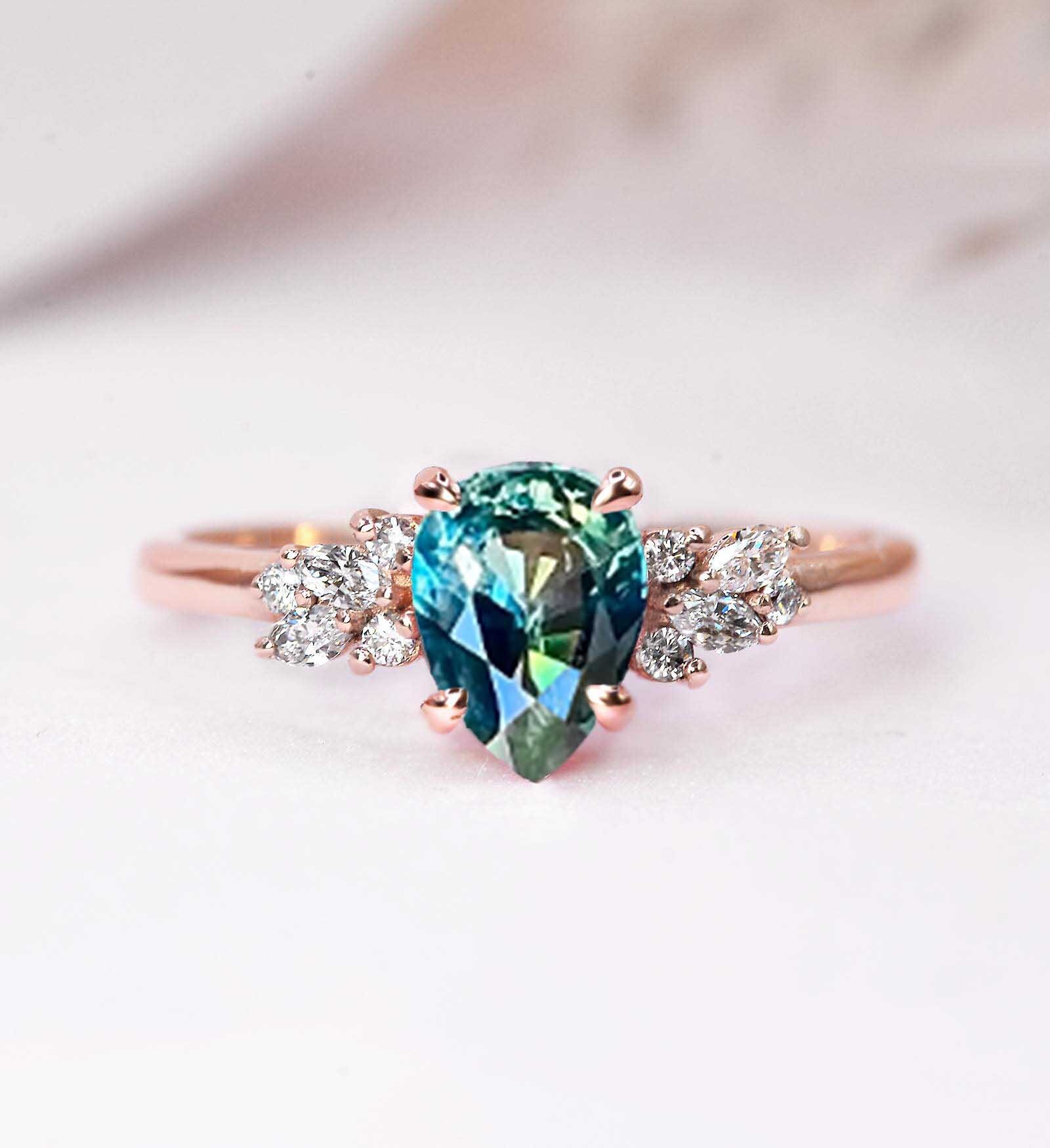 1.53Ct Pear Teal Sapphire & Diamond Engagement Ring | Bridal Anniversary Princess Cut Fitted Rose Gold