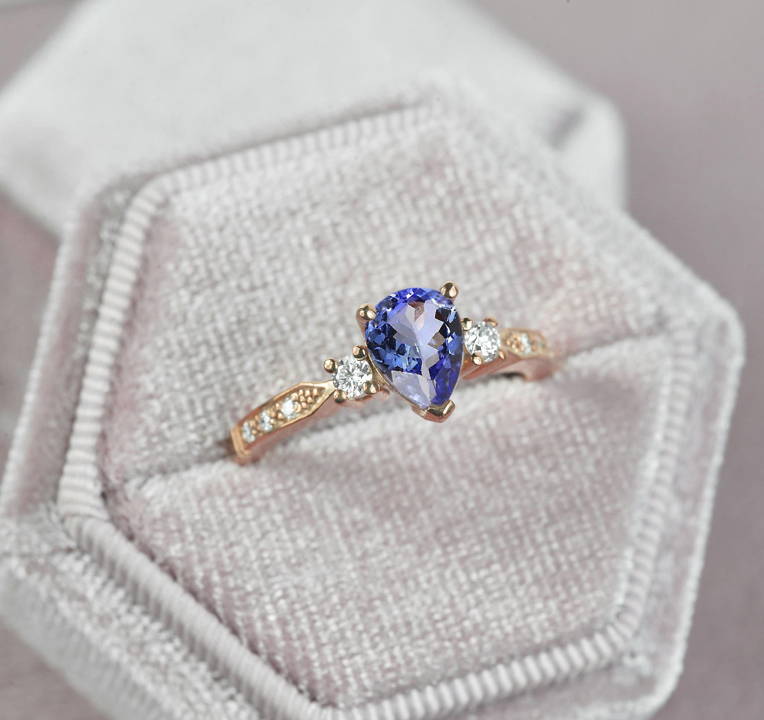 Pear Shaped Tanzanite Engagement Ring | Round Diamond 9K/14K/18K Rose Gold Rustic Ring For Her