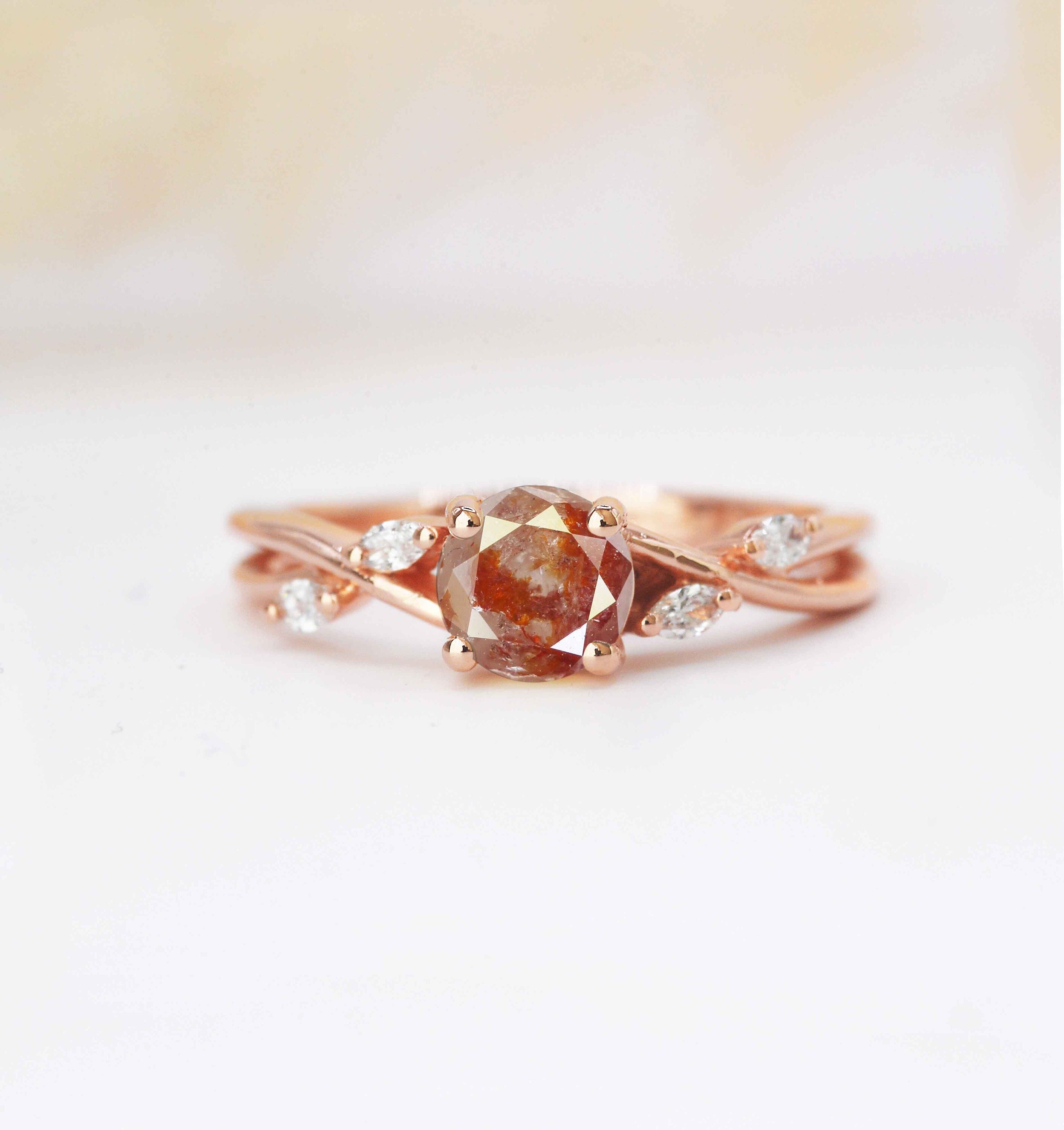Rustic Diamond & Round Art Deco Ring | Stylish Brownish Handmade 9K/14K/18K Rose, Yellow, White Gold For Love